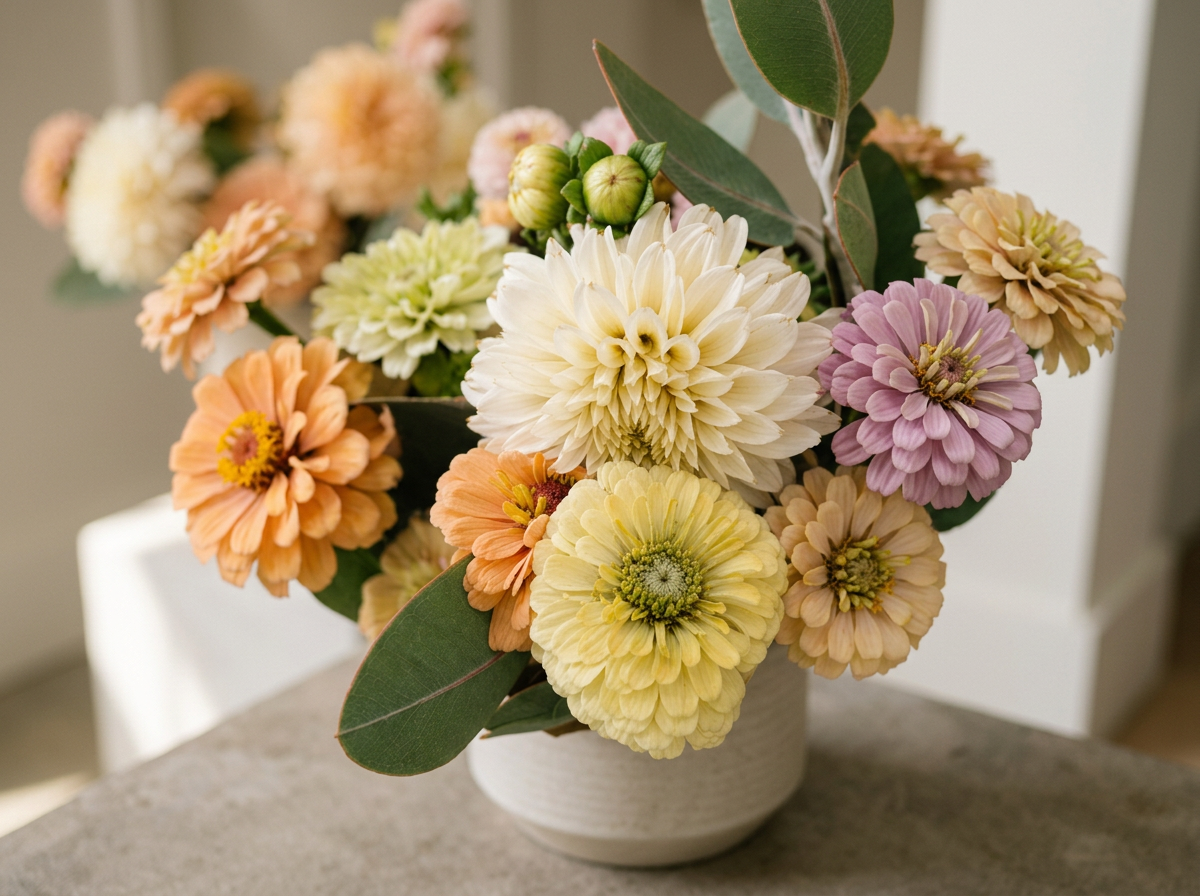 A bouquet of pastel-colored flowers, including dahlias and eucalyptus leaves, in a white textured vase on a table.