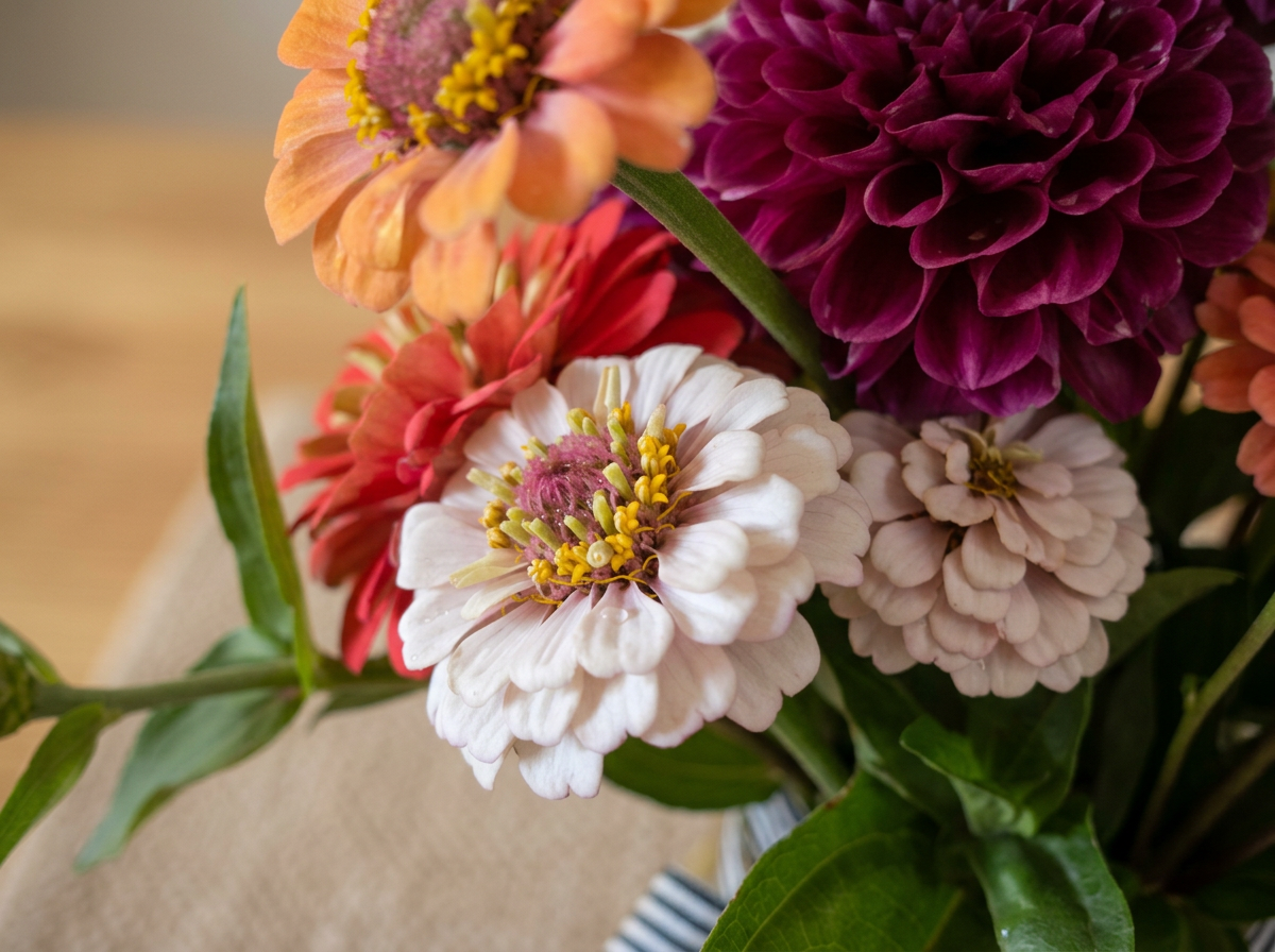 Close-up of a bouquet of colorful flowers including pink, white, red, orange, and deep purple blooms with green leaves.