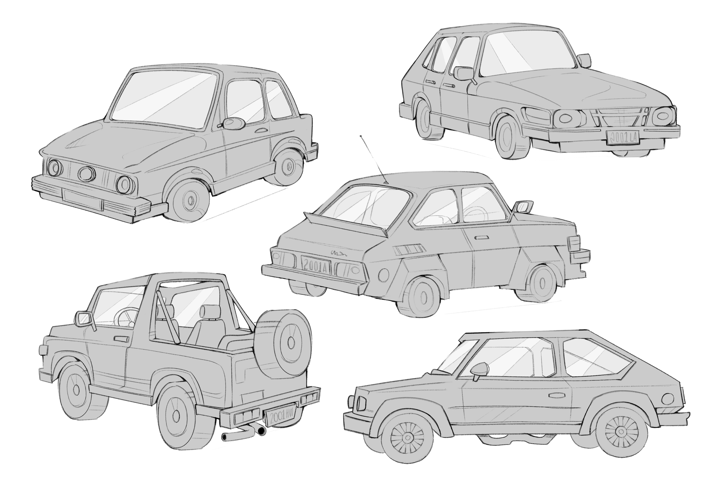 2D designs for various vintage cars.