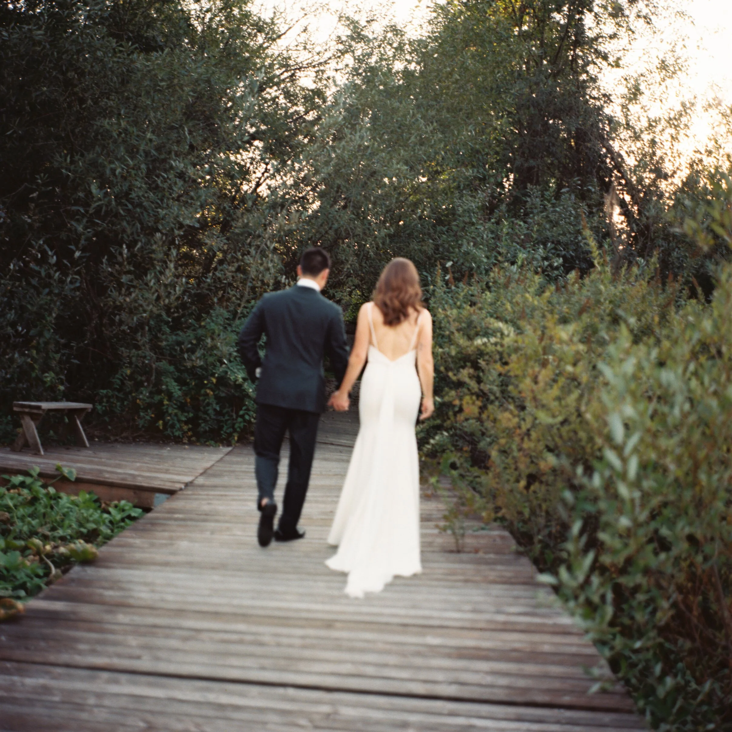 A bride and groom walking hand in hand on a wooden pathway surrounded by greenery during sunset.