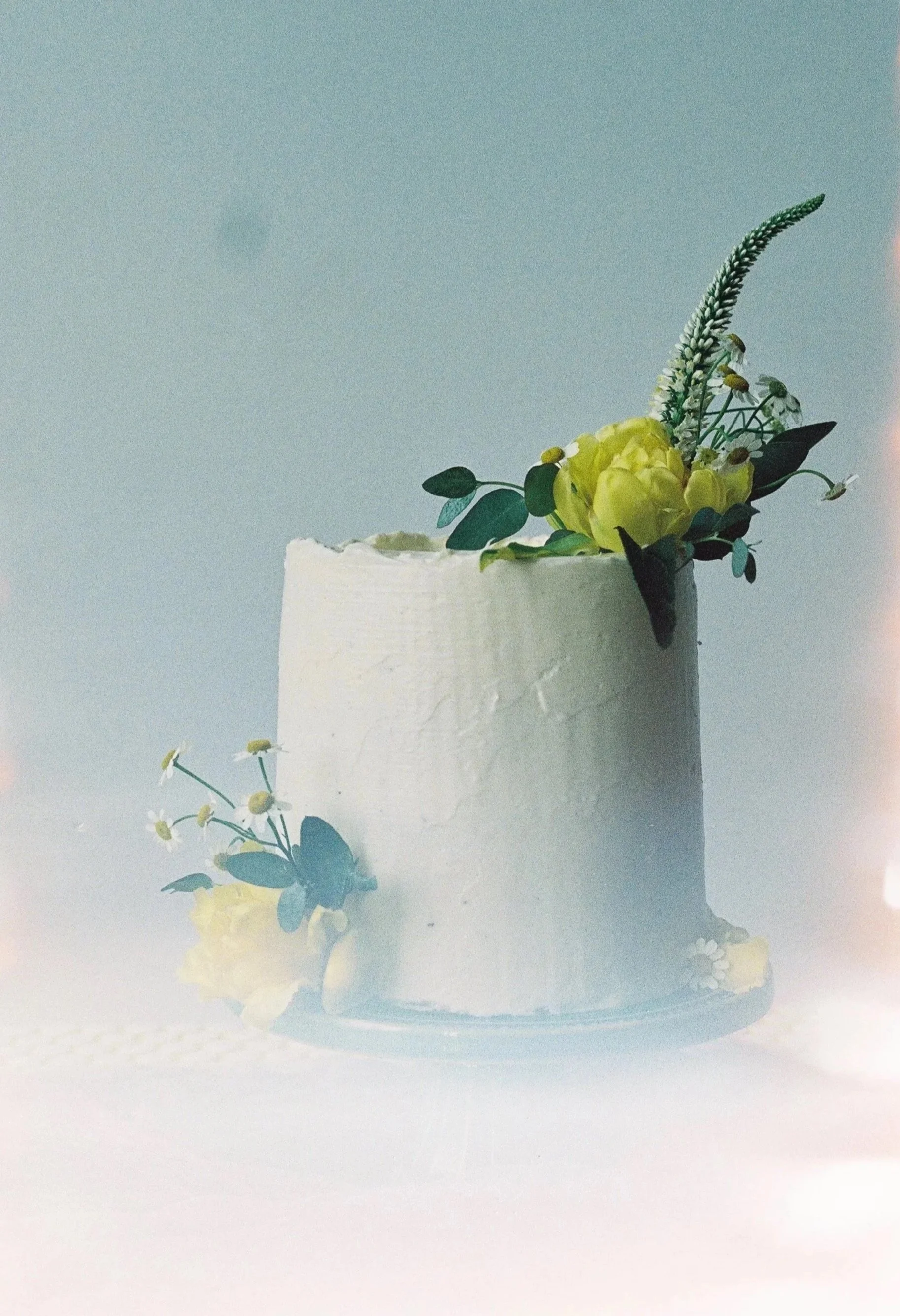 A white cake decorated with yellow flowers, white daisies, and green foliage on top and around the base.