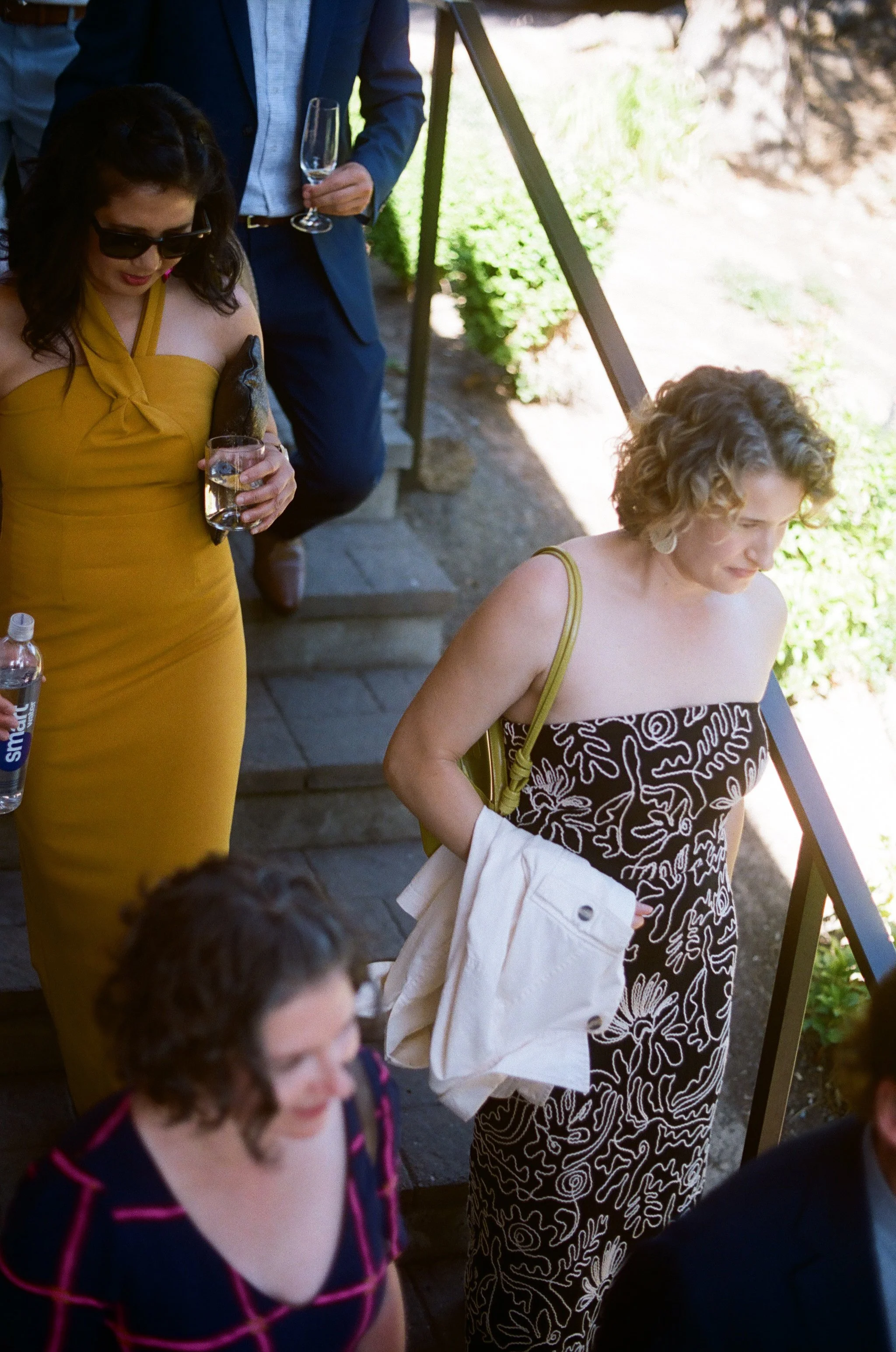 People standing on a stone staircase outdoors, holding drinks, with greenery nearby.