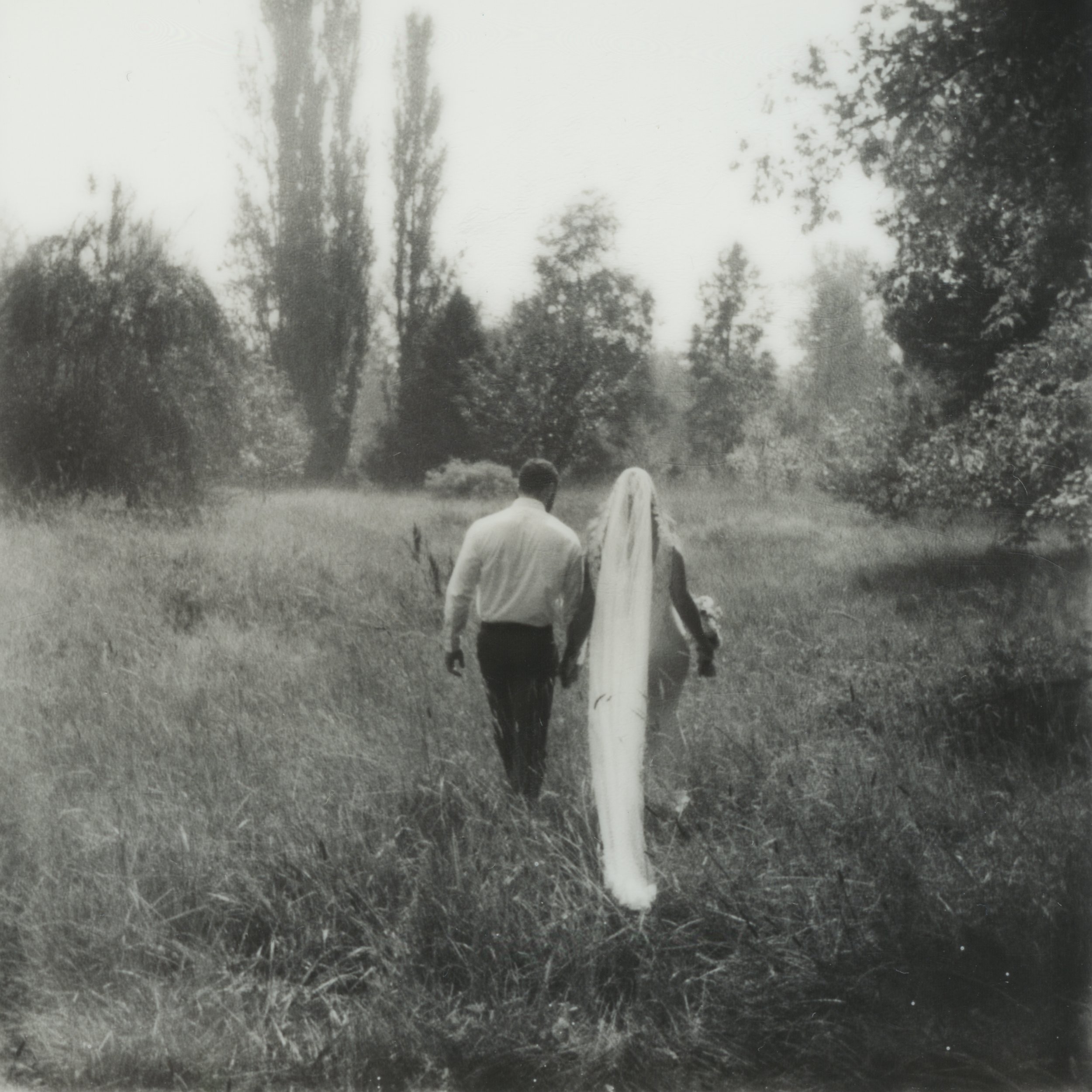 A black and white photo of a man and woman walking hand in hand through a grassy field with trees in the background, the woman wearing a wedding dress and veil.