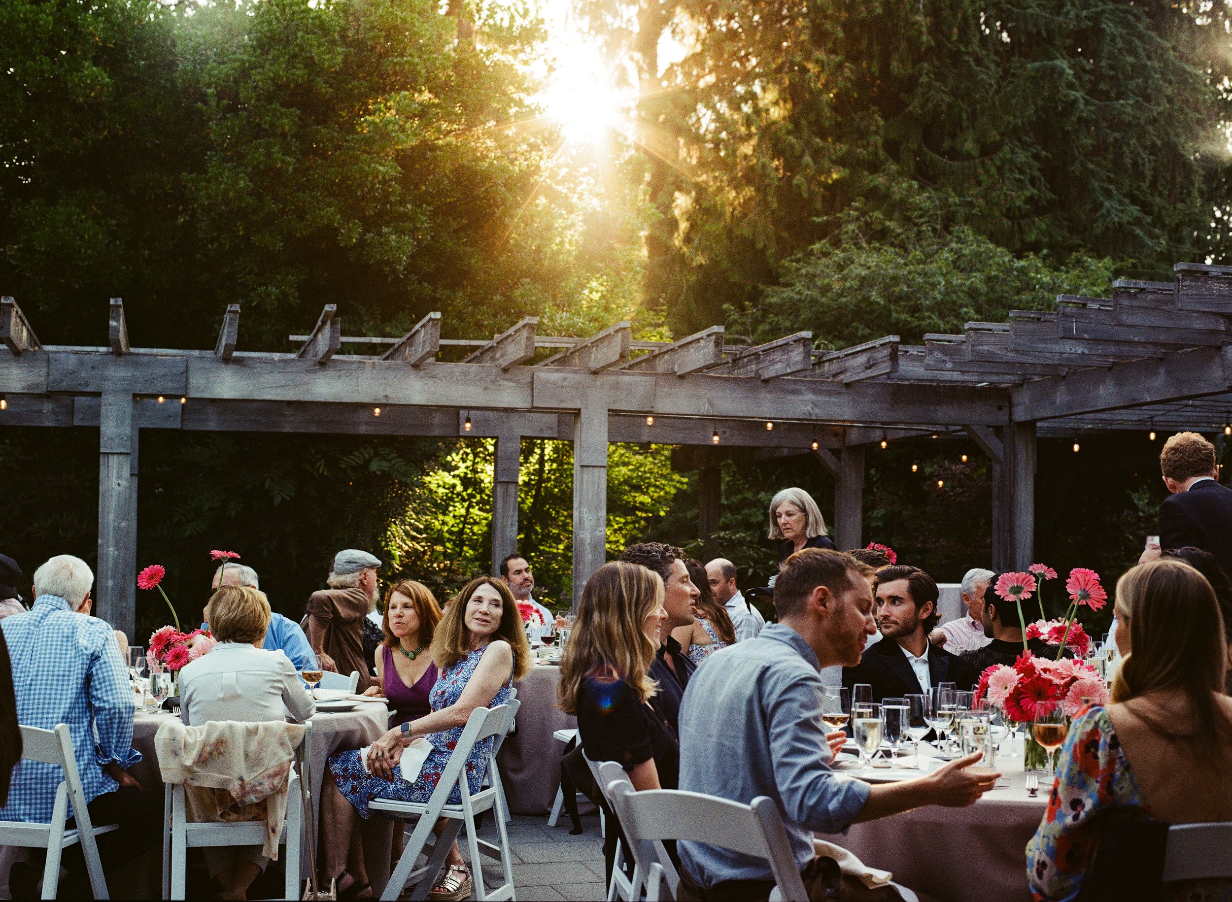 People dining at tables with pink flowers outdoors under a wooden pergola with string lights, sunlight filtering through trees in the background.