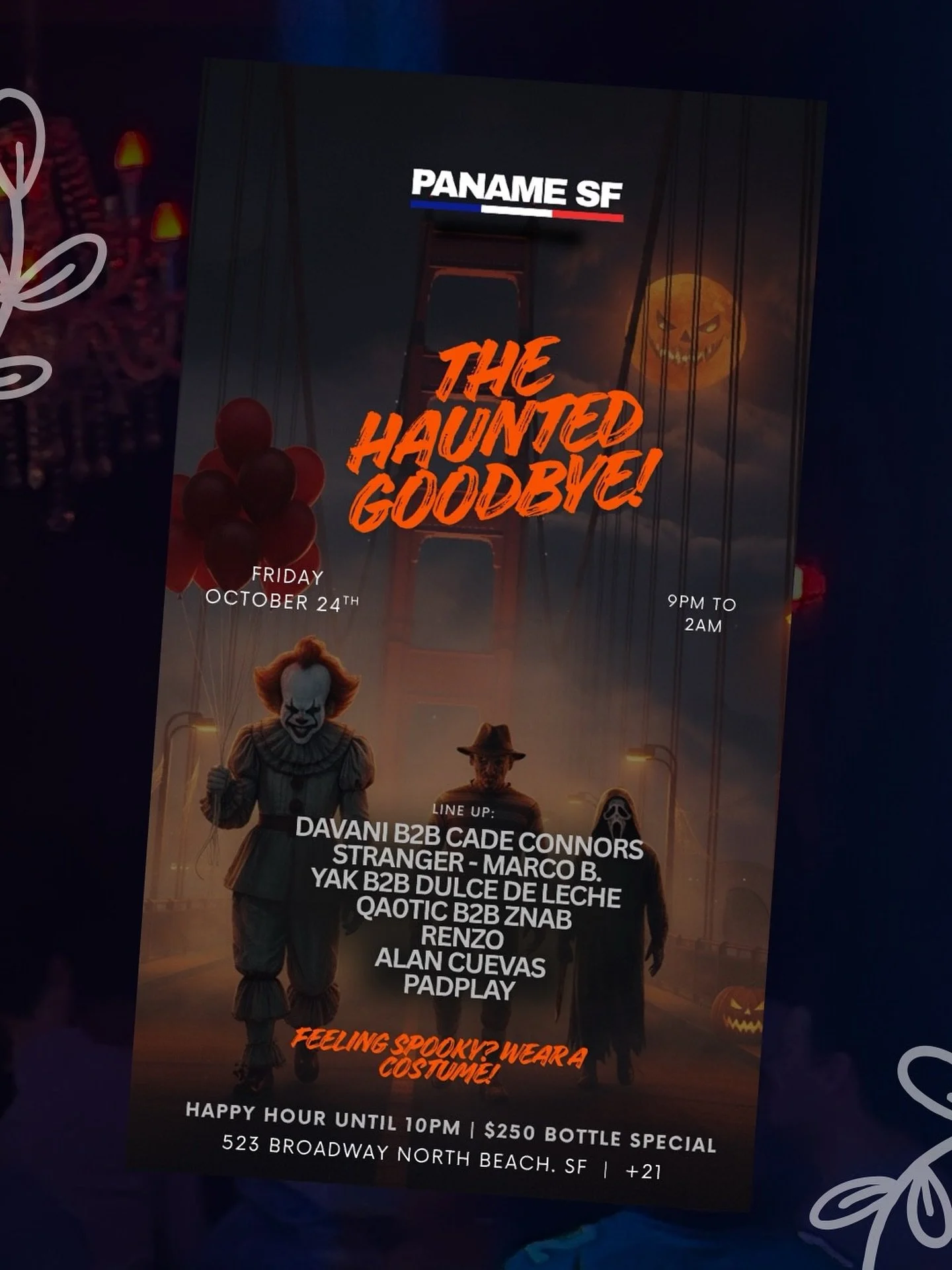 Every story deserves a grand finale 🎬
This Friday, The Haunted Goodbye takes over Paname SF 🔥🔥🔥10 DJs, all friends, one unforgettable night.
Come for the music, stay for the magic 💀✨
👻 Costumes Welcome!
🔥SET TIMES🔥
09:00 PADPLAY
09:30 ALAN