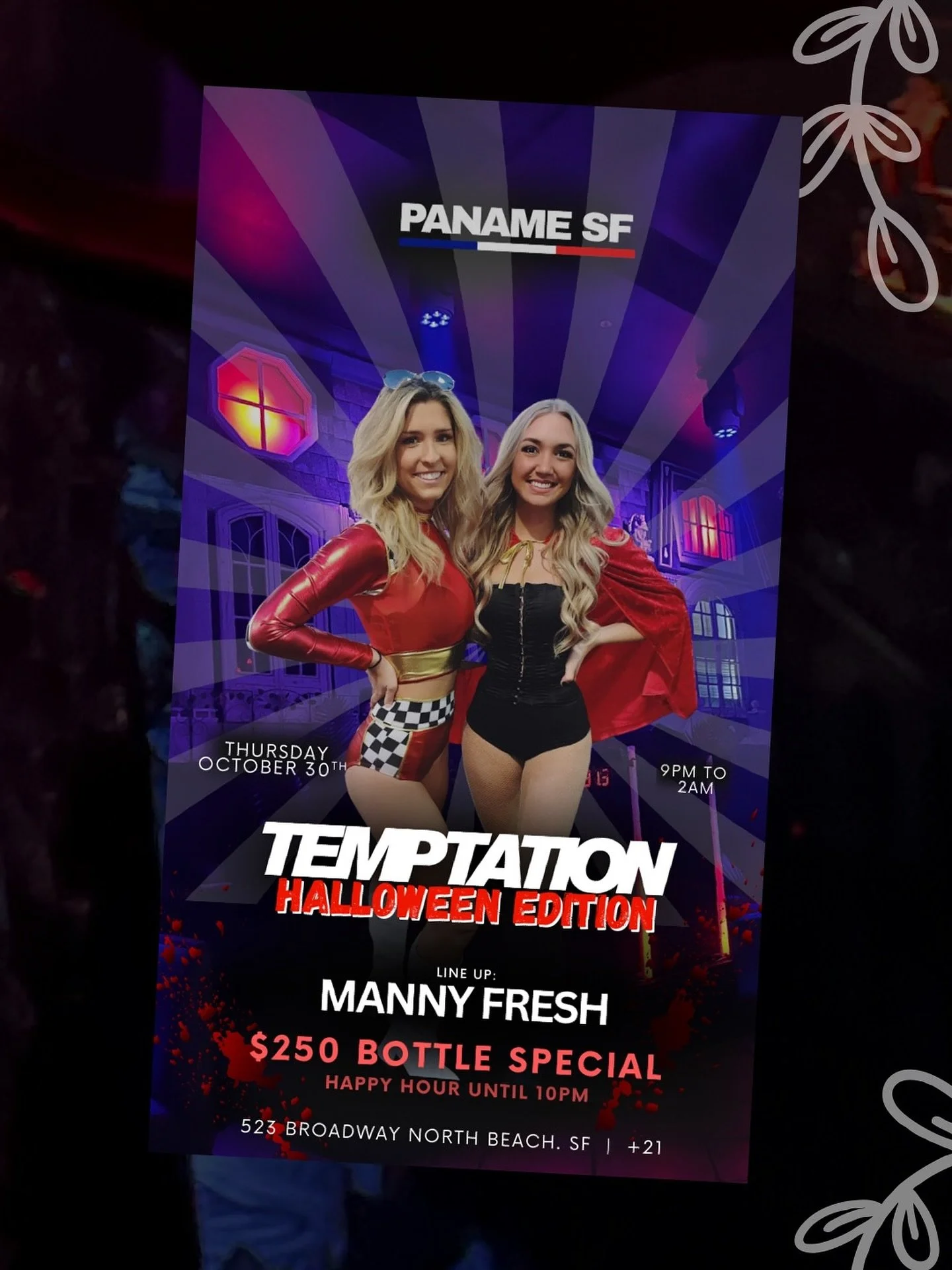 Dare to give in to temptation&hellip; 😈
Paname SF becomes the house of Halloween tonight.
Costumes mandatory. Fun guaranteed. 🩸

#panamesf #northbeachsf #sanfranciscocity #nightlifesf #halloweenweekend🎃
