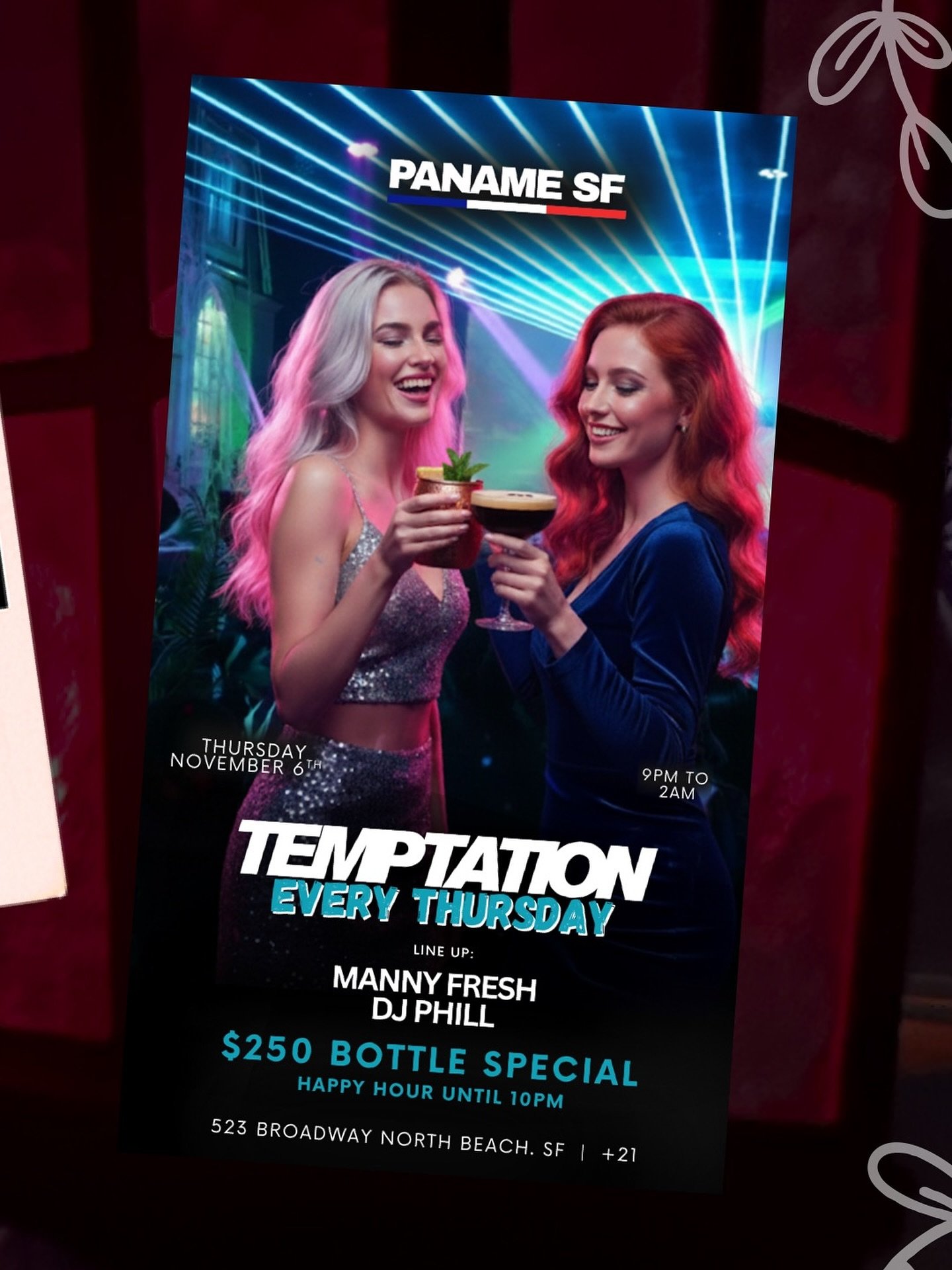 Give in to the temptation. 🔥
This Thursday, we&rsquo;re turning up the heat at Paname SF.
🎶 Sounds by Manny Fresh &amp; DJ Phill
💃 9PM&ndash;2AM | 🍾 $250 Bottle Special | 🍸 Happy Hour till 10PM

#panamesf #temptationthursdays #sanfrancisconightl