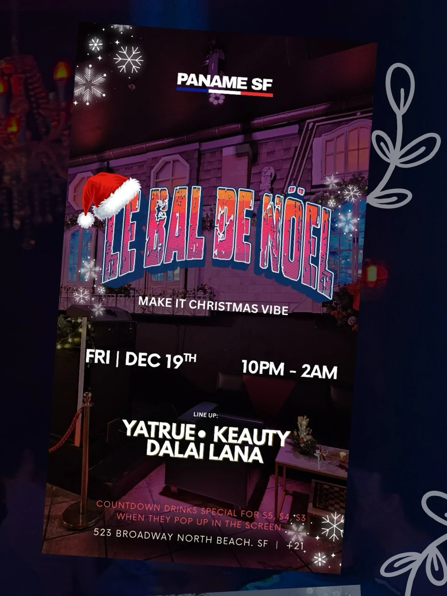 Holiday lights, heavy beats &amp; Christmas energy 🎄🔥
Le Bal de No&euml;l at Paname SF
Friday night done right.
See you on the dance floor.
📅 Fri, Dec 19
⏰ 10PM&ndash;2AM
🎧 Yatrue &bull; Keauty &bull; Dalai Lana

#panamesf #northbeachsf #sanfranc