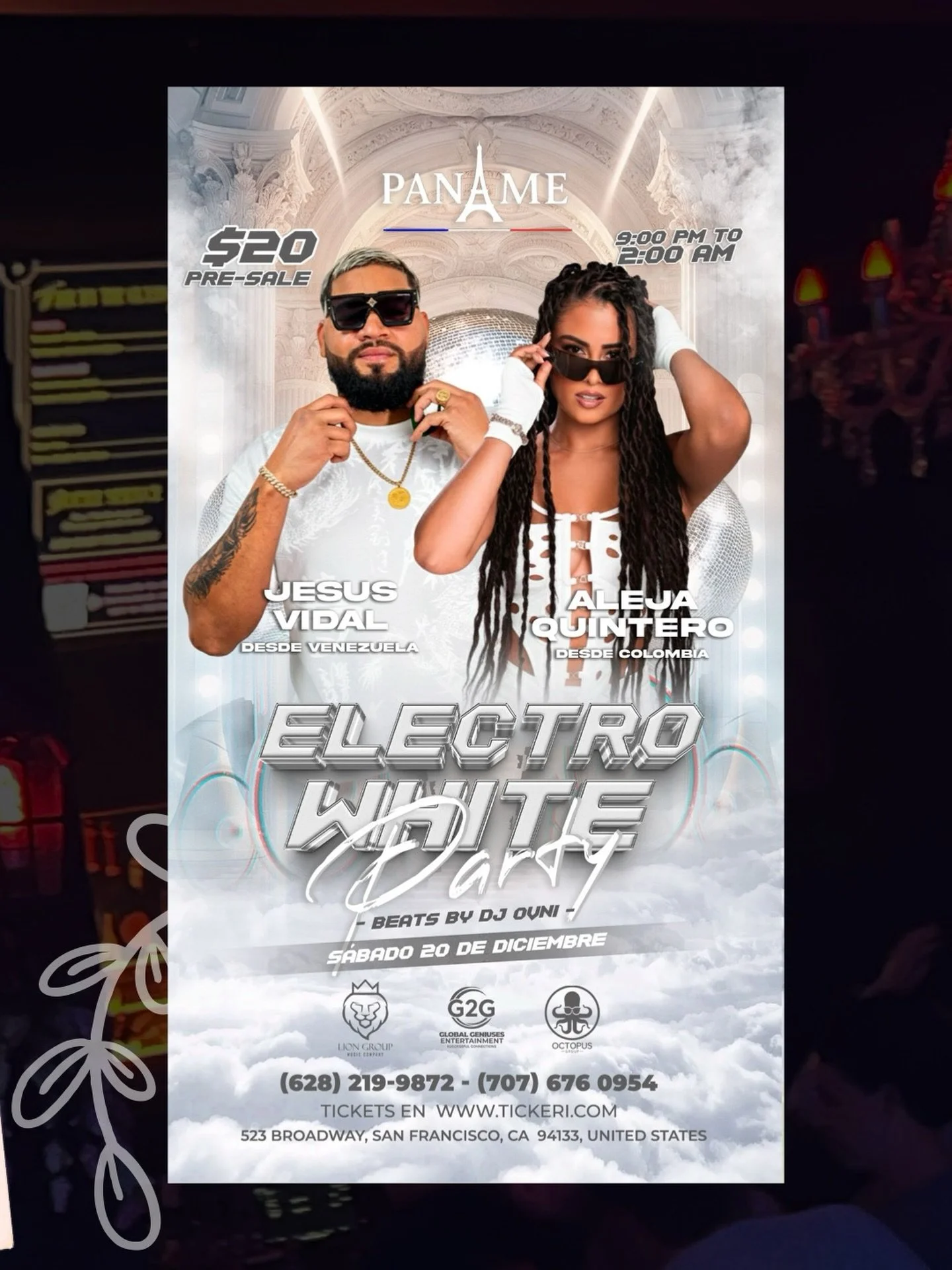 ⚡🤍 Electro White Party 🤍⚡
This Saturday, Dec 20
An all-white night with international energy.
🎧 Jesus Vidal (Venezuela) &bull; Aleja Quintero (Colombia)
📍 Paname SF | 9PM&ndash;2AM
Dress white. Feel the power.

#panamesf #northbeachsf #sanfrancis