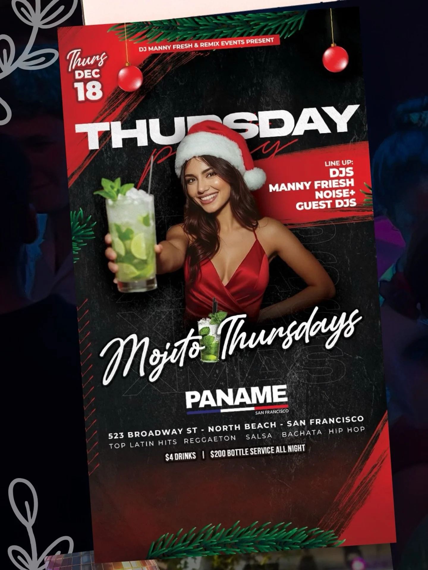 🎄🍹 Mojito Thursdays hit different in December.
This Thursday, we&rsquo;re bringing the holiday vibes with $4 mojitos, top Latin hits &amp; nonstop energy.
🎧 Manny Fresh, Noise+ &amp; guest DJs
📍 Paname &ndash; North Beach
Let&rsquo;s toast to the