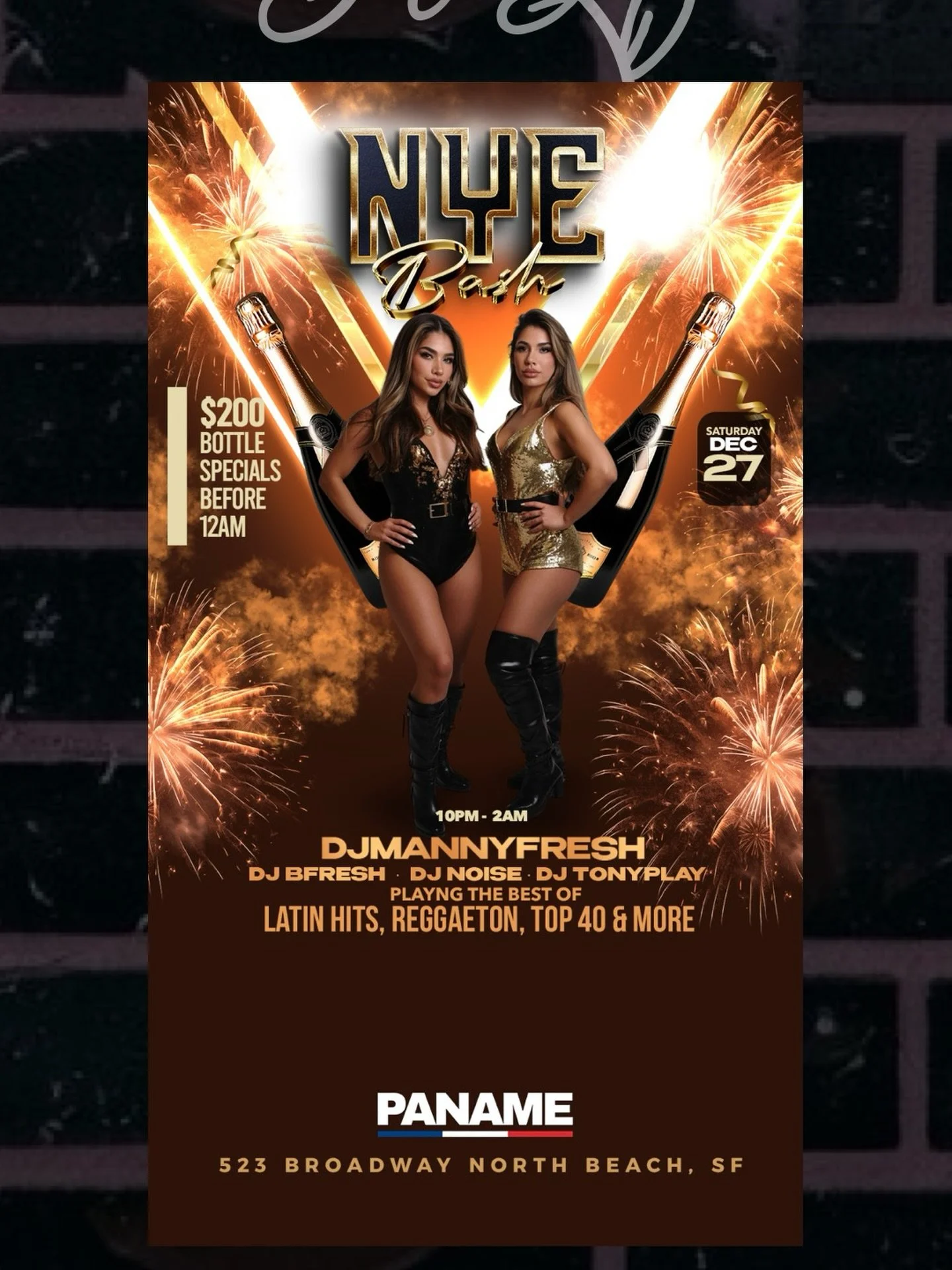 🔥🥂 NYE BASH at PANAME SF 🥂🔥
The celebration continues.

After the New Year&rsquo;s countdown, the party doesn&rsquo;t stop. Join us for a high-energy night packed with champagne vibes, fire beats, and a dance floor that goes nonstop. Expect the b