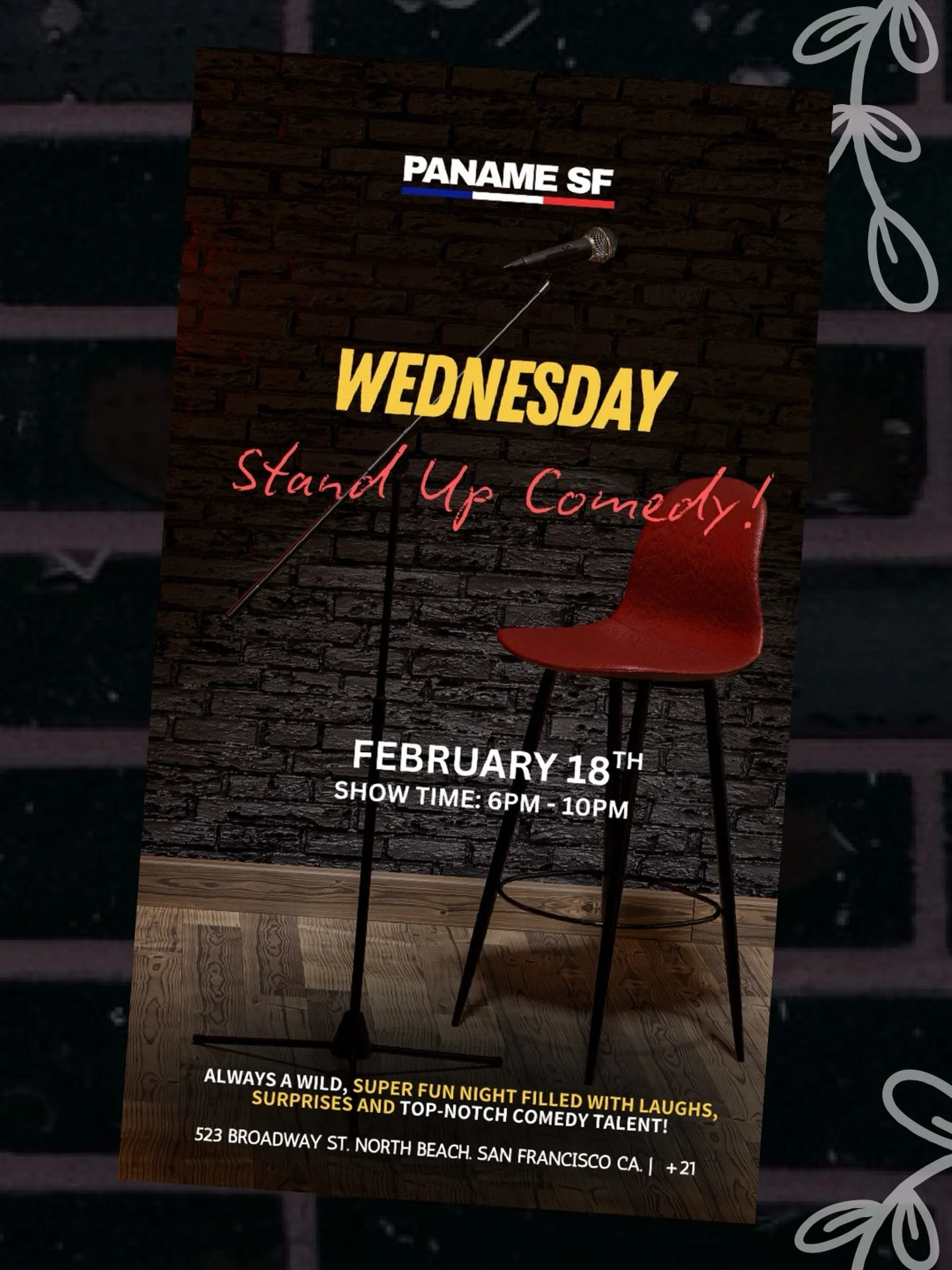 Warning: Side effects may include uncontrollable laughter. 😂
This Wednesday, we&rsquo;re turning midweek blues into midweek booze &amp; jokes.
Stand-up, strong drinks, and zero filter.
See you at Paname.

#panamesf #northbeachsf #sanfranciscocity #n