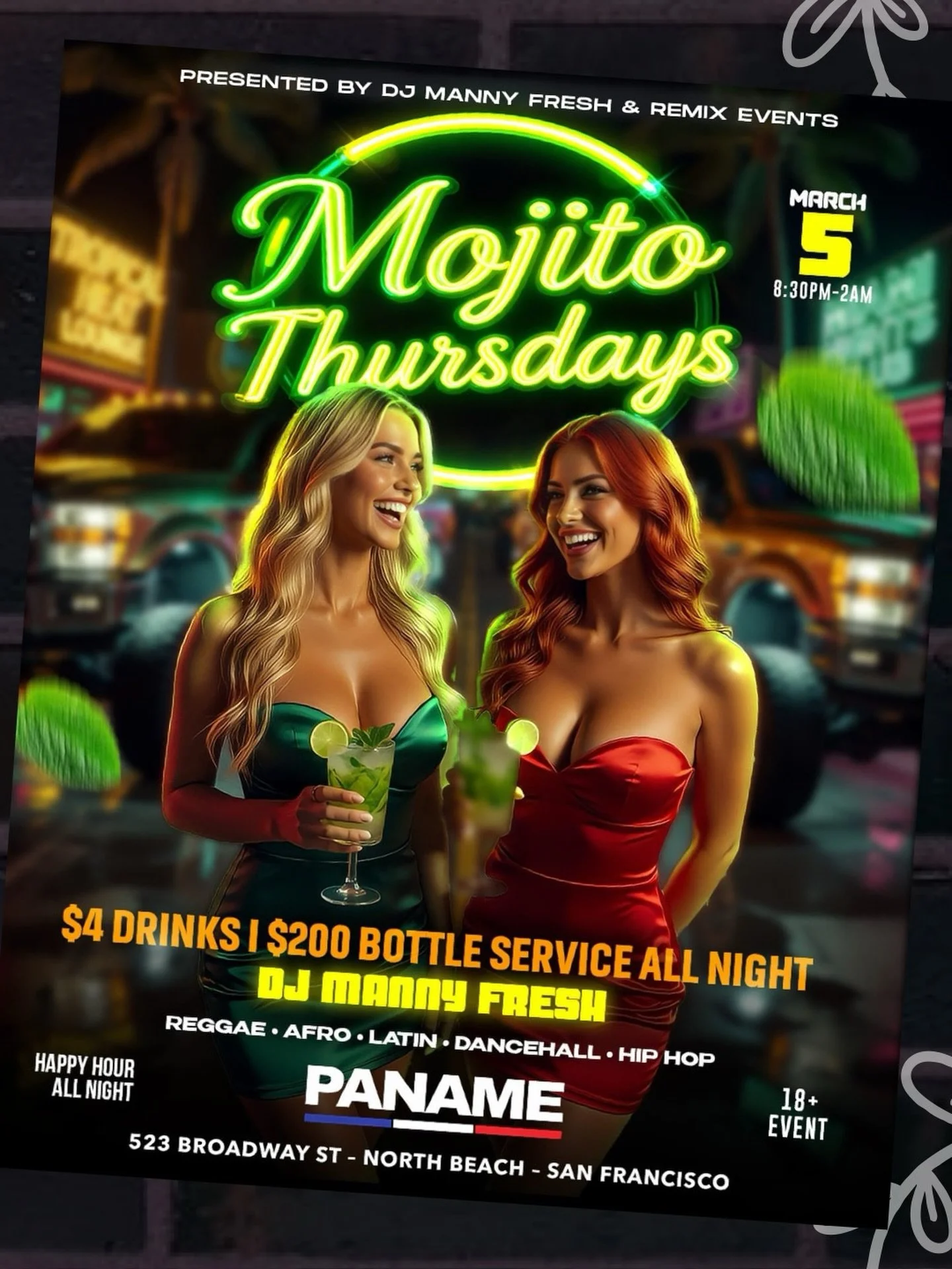 Mojito Thursdays just hit different 🌿🍸

$4 drinks. $200 bottle service. Happy hour ALL night.
Reggae &bull; Afro &bull; Latin &bull; Dancehall &bull; Hip Hop

This Wednesday we turn up with DJ Manny Fresh bringing pure heat to the dance floor 🔥

P
