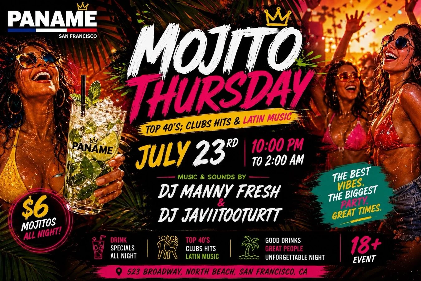 🍹 MOJITO THURSDAY IS BACK! 🌴🔥

Summer nights hit different at Paname San Francisco! Grab your crew and enjoy $6 Mojitos all night while dancing to the best Top 40&rsquo;s, Club Hits &amp; Latin Music with DJ Manny Fresh &amp; DJ Javiitooturtt.

📅