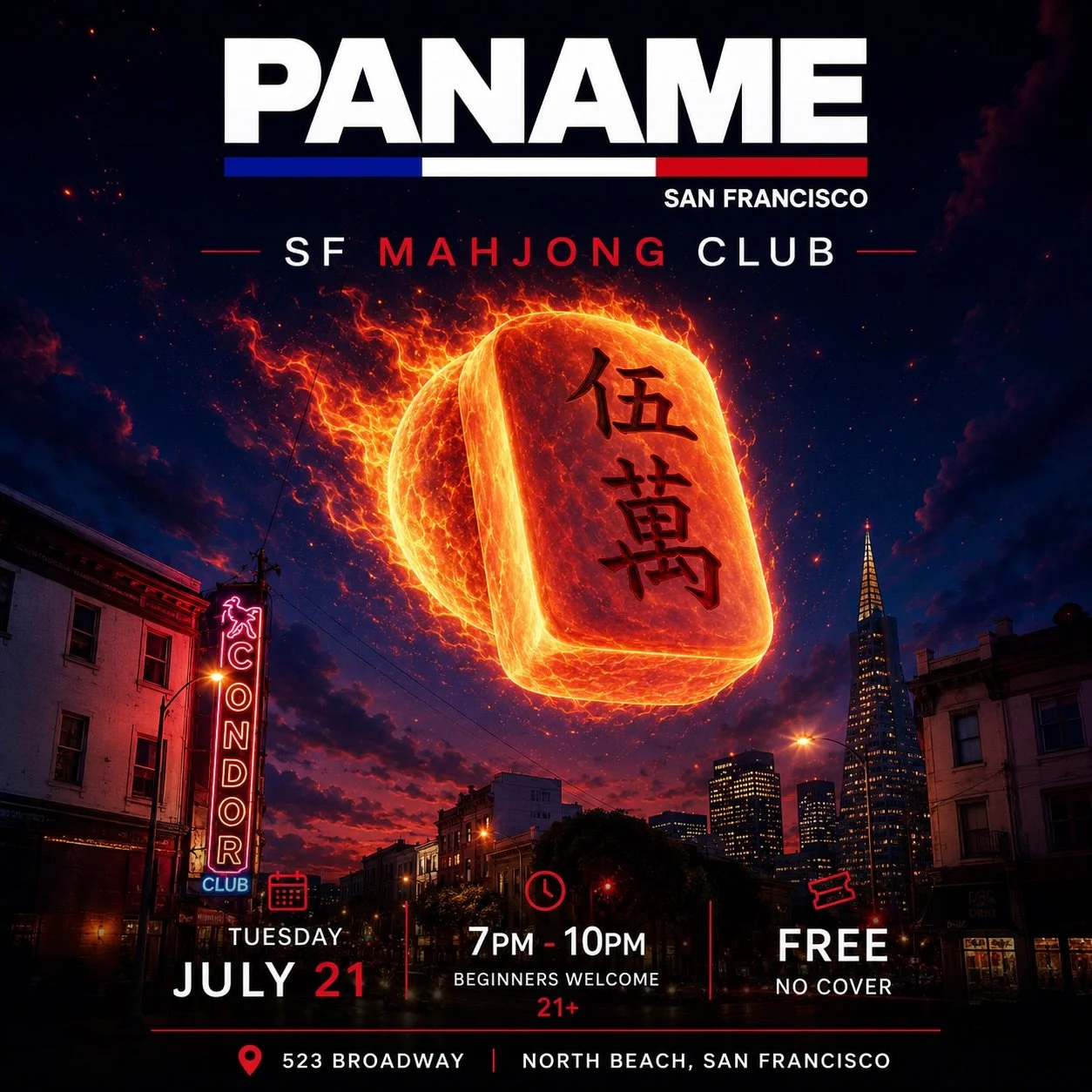 SF MAHJONG CLUB

Ignite your strategy and join San Francisco&rsquo;s Mahjong community for an unforgettable evening. Whether you&rsquo;re playing your first game or you&rsquo;re a seasoned player, everyone is welcome.

🀄 FREE Admission
📍 Paname
523