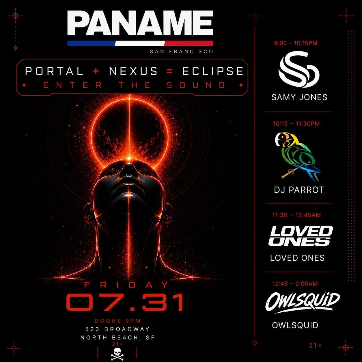 PORTAL + NEXUS = ECLIPSE has arrived.

Step beyond the ordinary and experience a night where Tech House, Disco House, and UK Garage collide in an immersive journey of sound, energy, and connection.

ENTER THE SOUND.

🎧 Samy Jones
🦜 DJ Parrot
🤍 Lov
