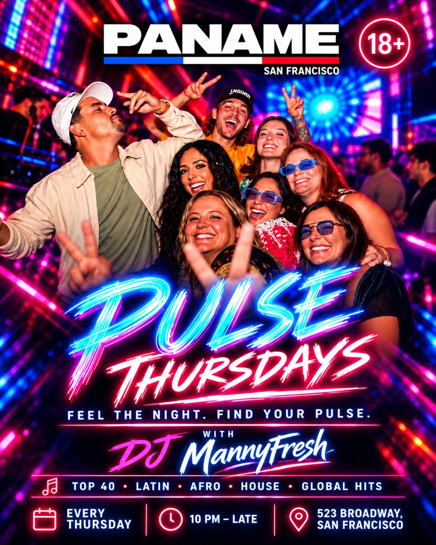 THURSDAY HAS A NEW PULSE. ⚡️

At PANAM&Eacute;, the night is all about music, movement, connection and pure energy. PULSE THURSDAYS brings a fresh 18+ nightlife experience to San Francisco with the sounds you actually want to hear:

Top 40 &bull; Lat