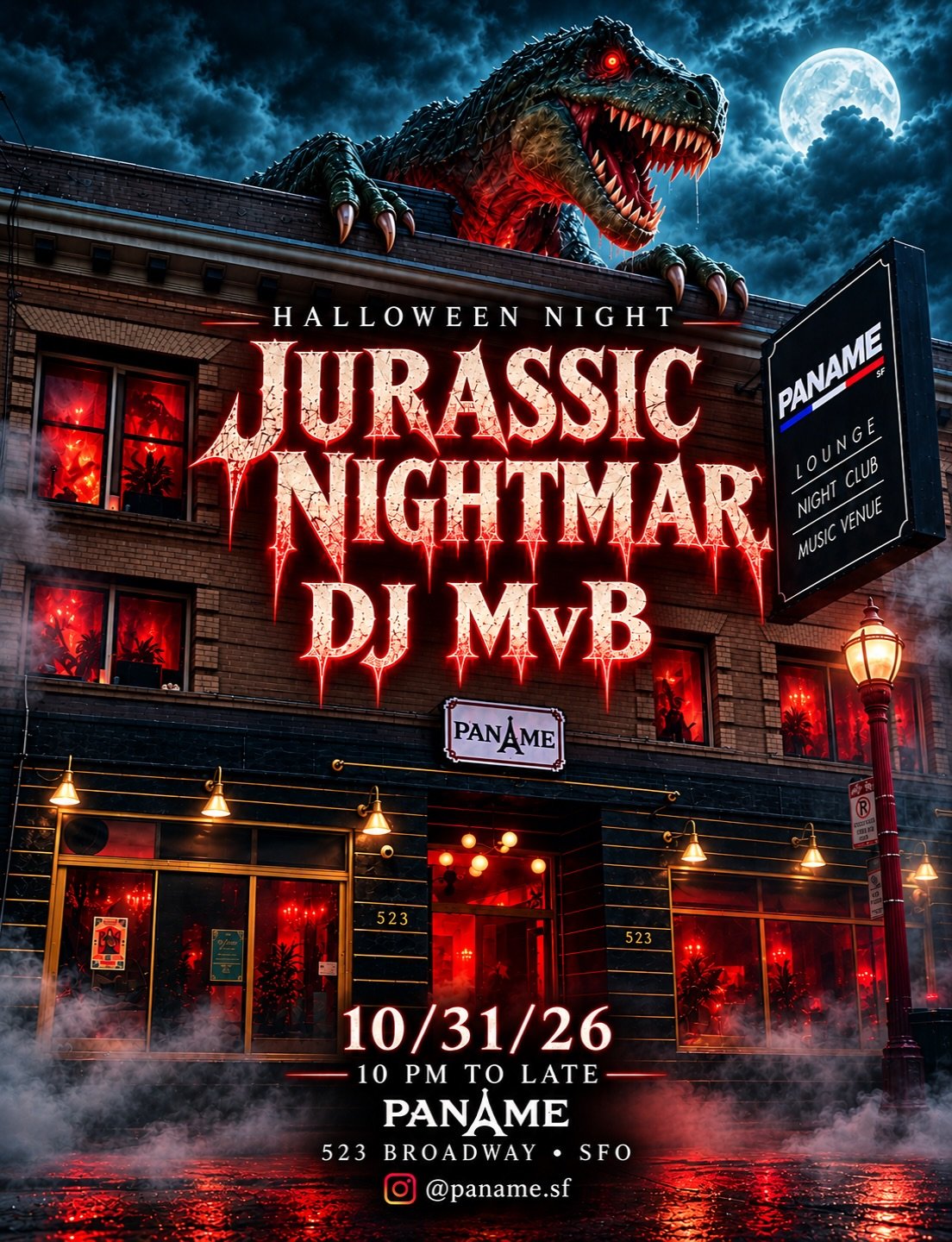 🦖🔥 JURASSIC NIGHTMARE &mdash; HALLOWEEN NIGHT

Something terrifying is taking over PANAME&hellip; Enter the nightmare, unleash your wild side, and dance until late with DJ MvB. Come dressed to haunt. 👻

📅 October 31, 2026
🕙 10 PM till late
📍 PA