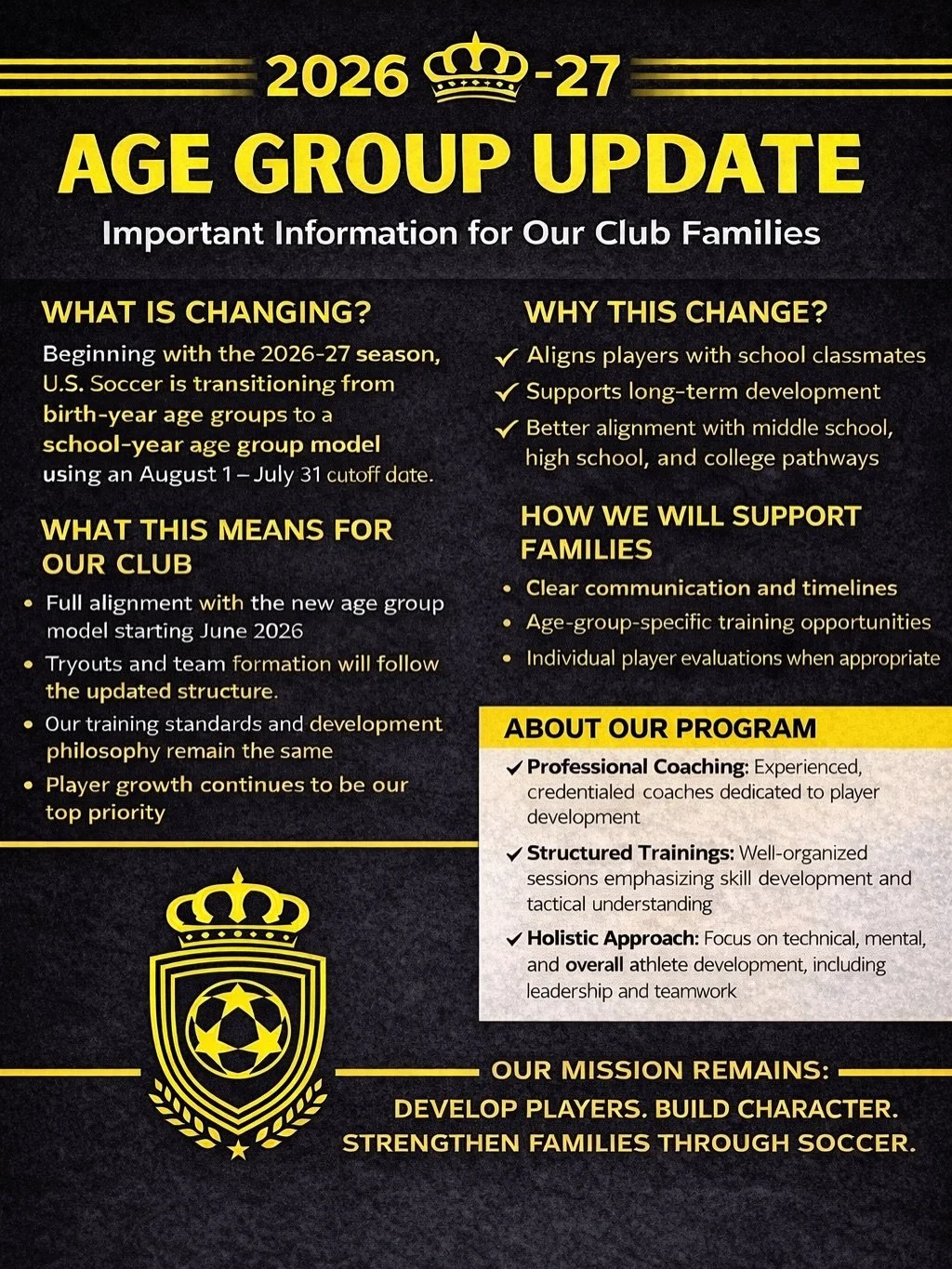 Big changes for 2026&ndash;27 ⚽️
We&rsquo;re moving to a school-year age group model (Aug 1 &ndash; July 31). Player development remains our priority. 💛🖤