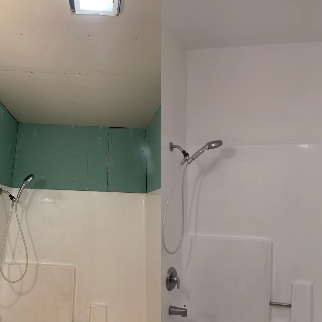 Comparison of a shower before and after renovation, showing an unfinished shower with green walls and drywall ceiling on the left, and a finished white shower with a new showerhead on the right.
