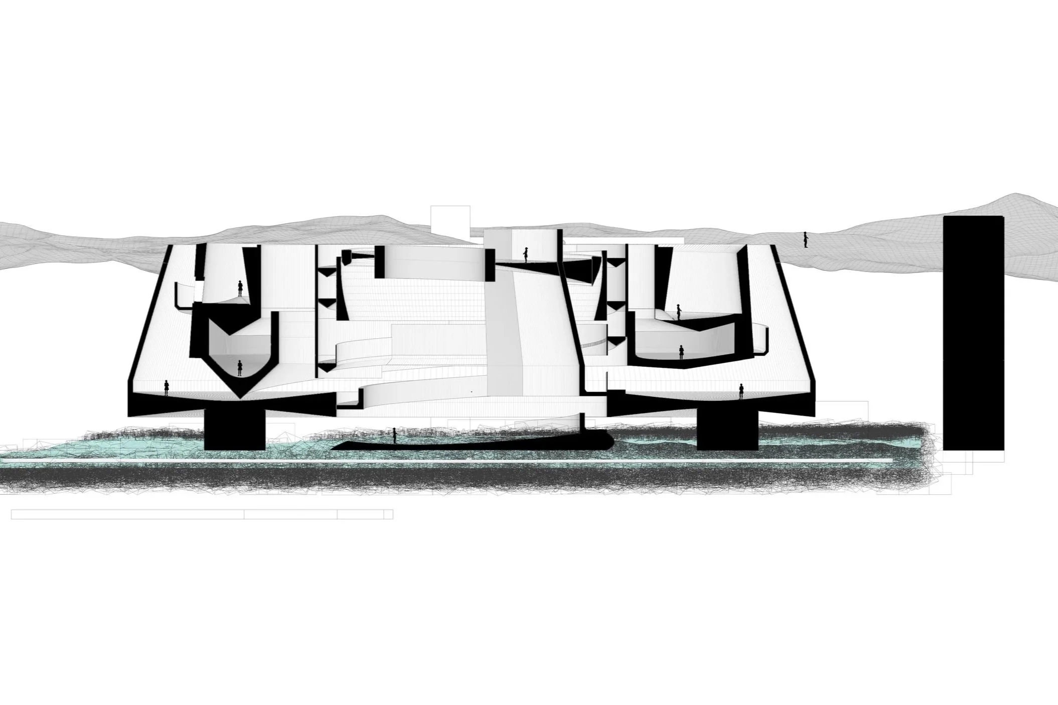 Section cut showing the different ramp configurations and the overlapping spatial layers.