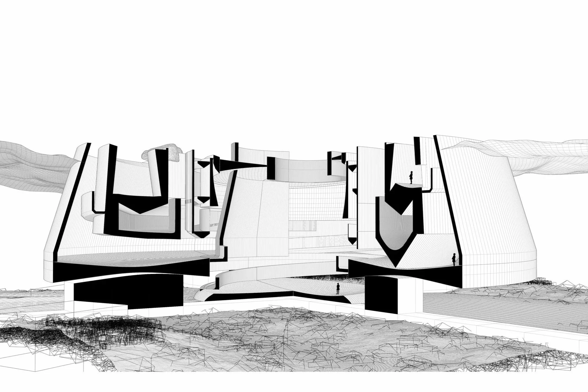 Partial section cut exploring the circular forms inhabited by the project.