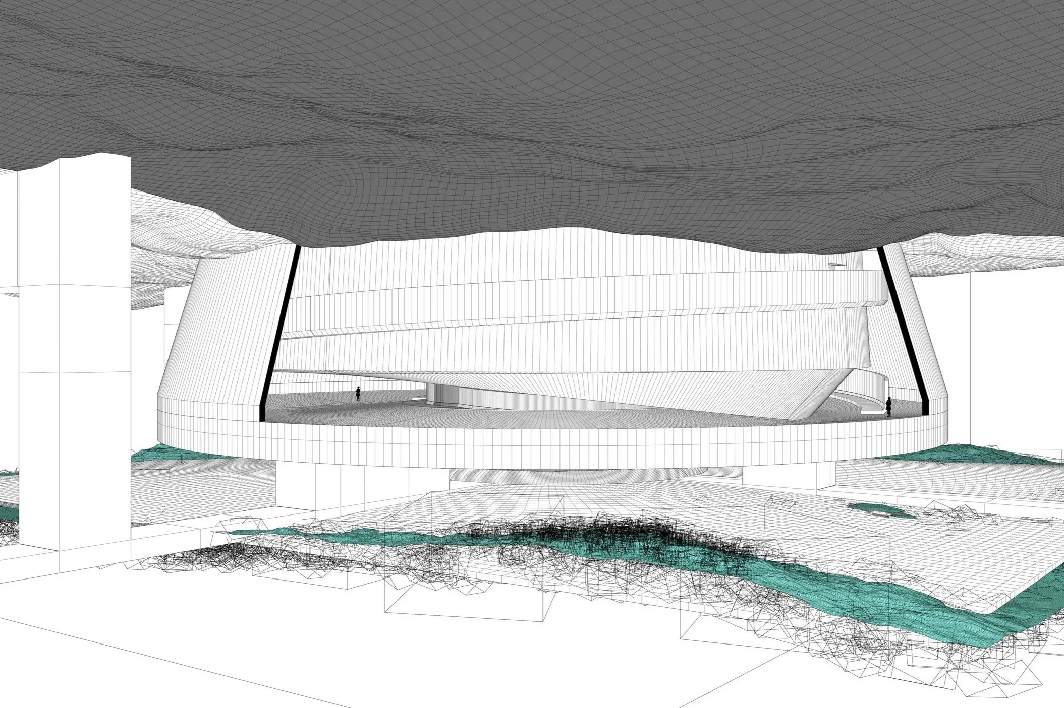Partial section cut showing the final space before the landing. This space is partially inhabited by the overlapping volumes above, resulting in a split condition that offers contrasting experiences — spaces of isolation and spaces of gathering. The