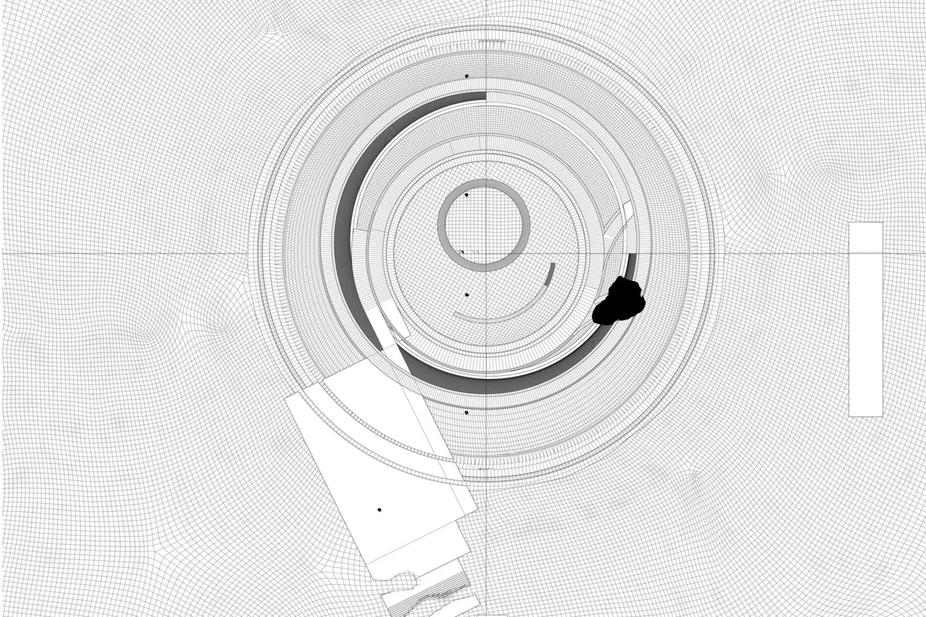Top view of the portal configuration, with the ramp represented in a darker grey tone. At this stage, the space remains open to the sky and filled with sunlight, before shifting dramatically into total darkness. This transition invites the senses to