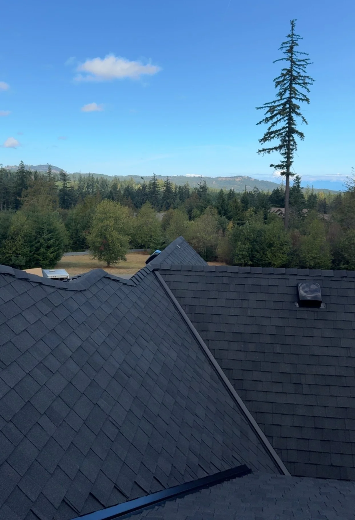 View from a house rooftop showing a landscape with trees, hills in the distance, and a bright blue sky with some clouds.