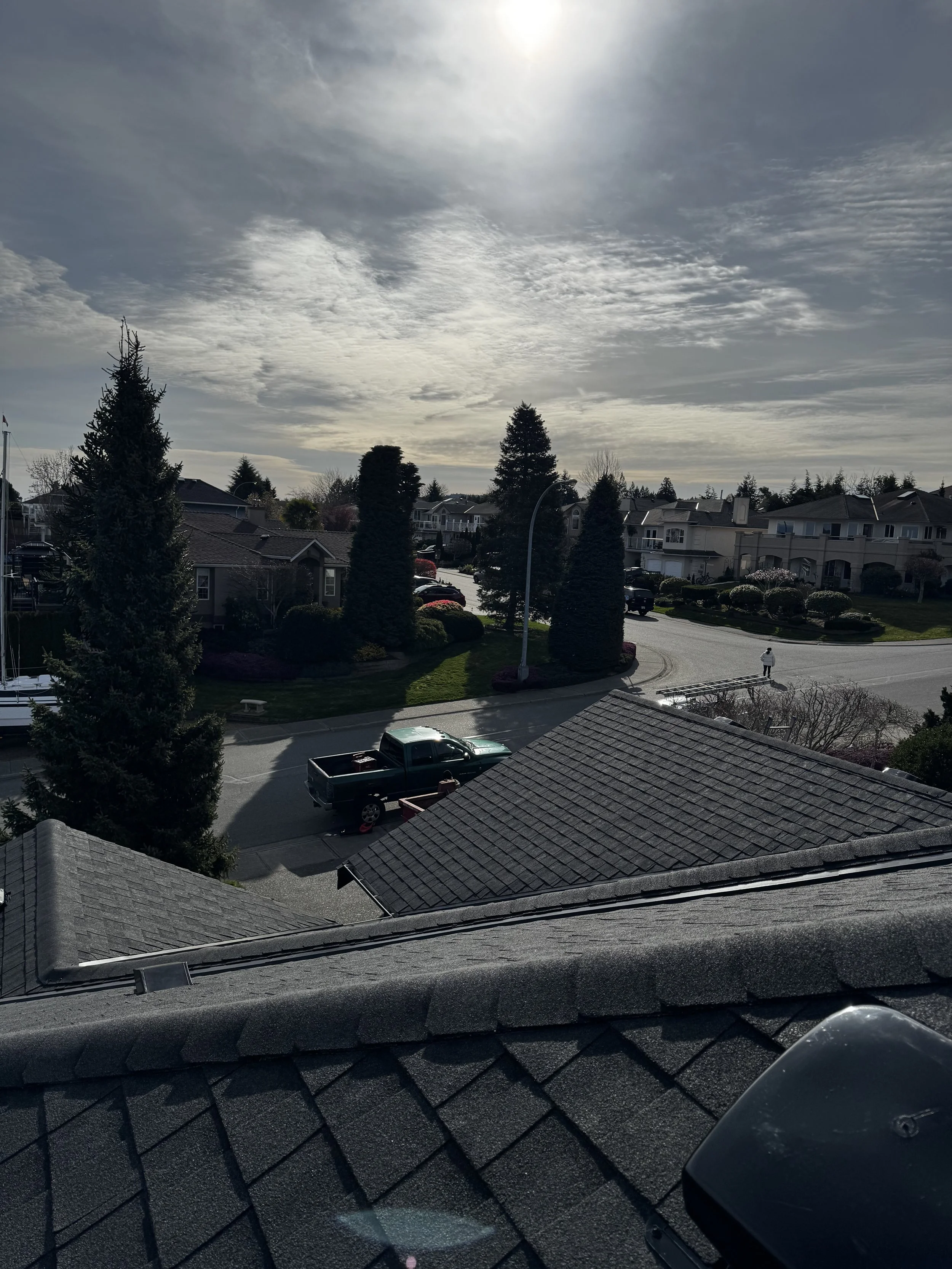 View of suburban neighborhood with trees, houses, parked cars, and cloudy sky, taken from a rooftop.