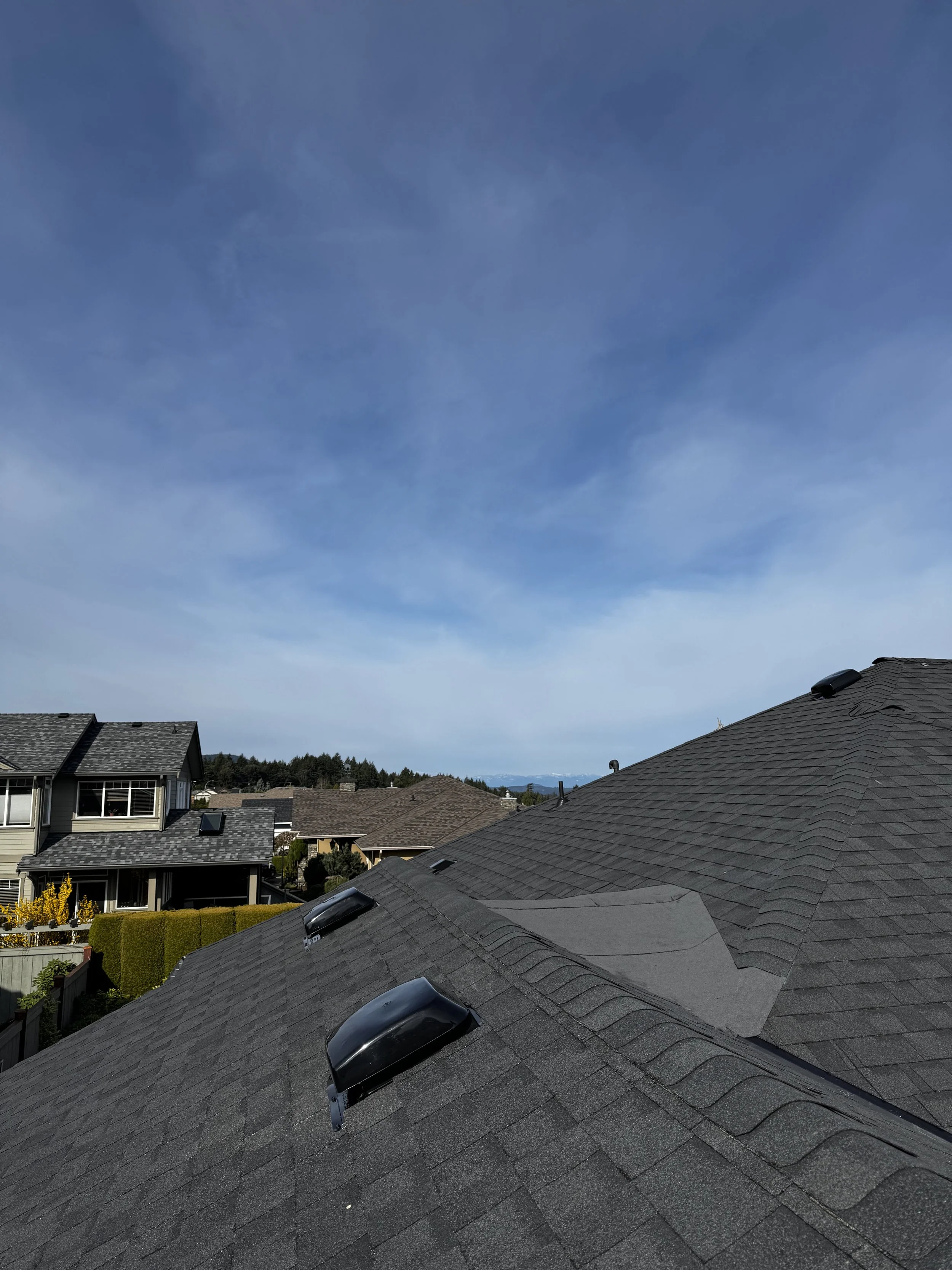 Urban residential neighborhood with multiple houses, mostly with gray shingled roofs and solar panels, under a partly cloudy sky.