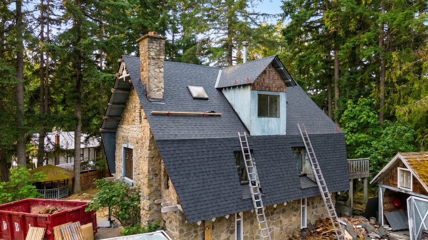 A house under renovation with a stone exterior and black shingle roof, surrounded by trees. Ladders and construction materials are visible around the house.