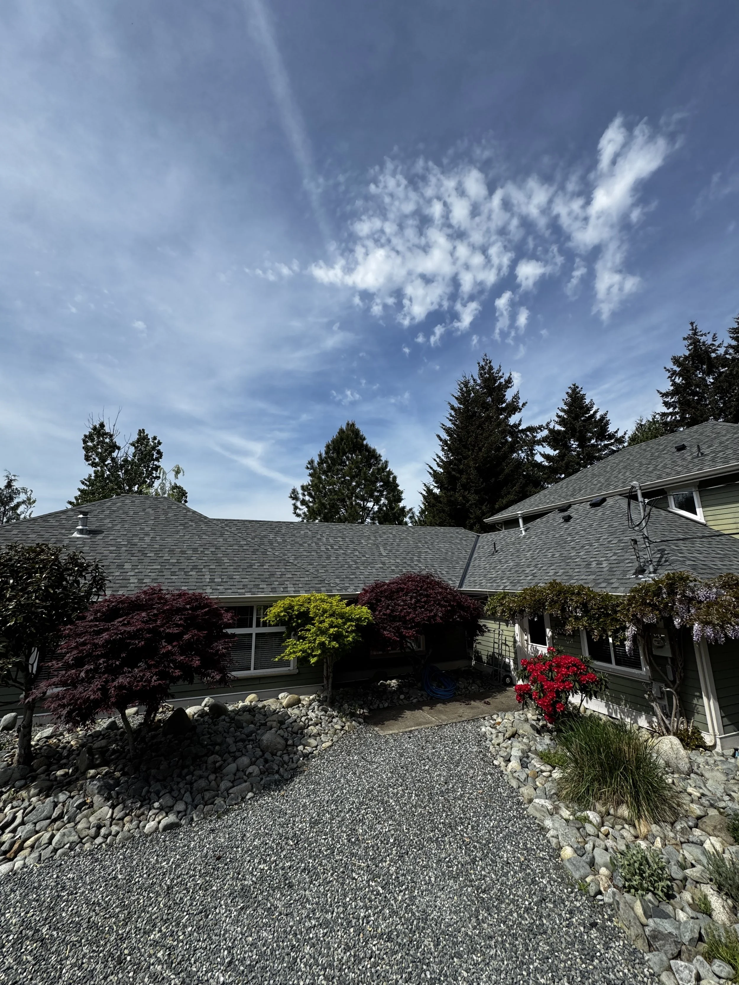 Backyard with colorful bushes, gravel pathway, and house with a tiled roof, trees, and a partly cloudy sky.