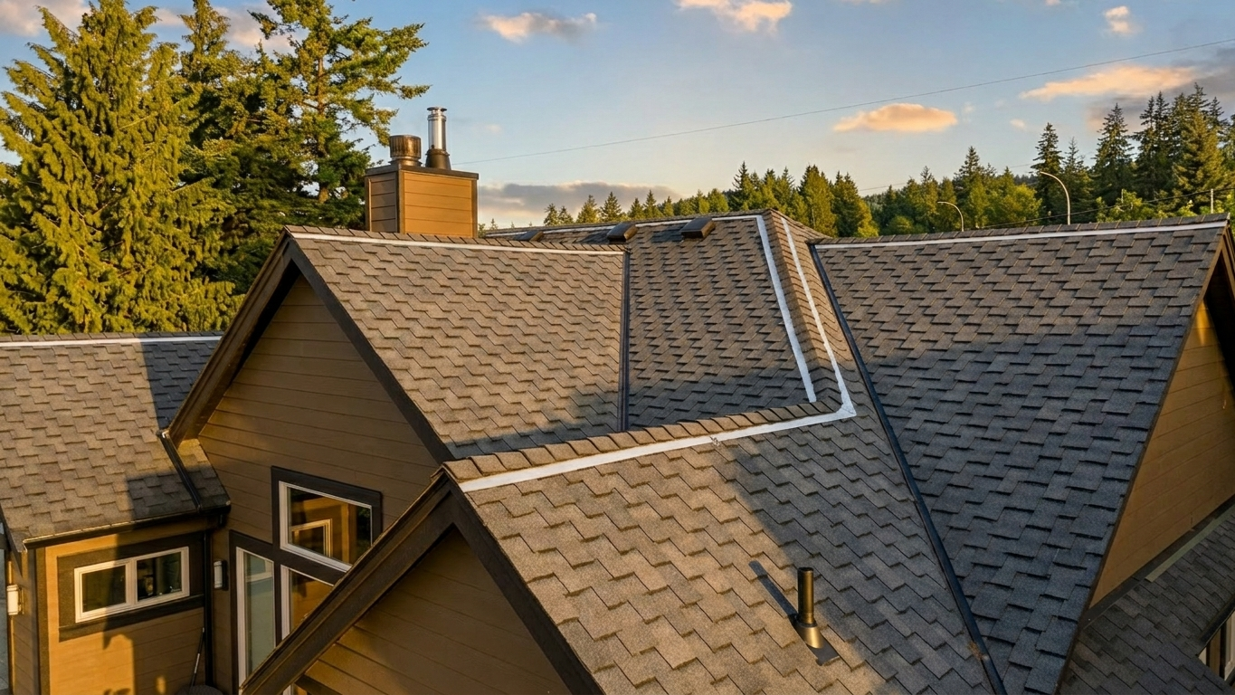 View of rooftops of multiple houses with brown shingles, surrounded by tall green trees and a partly cloudy sky during sunset.