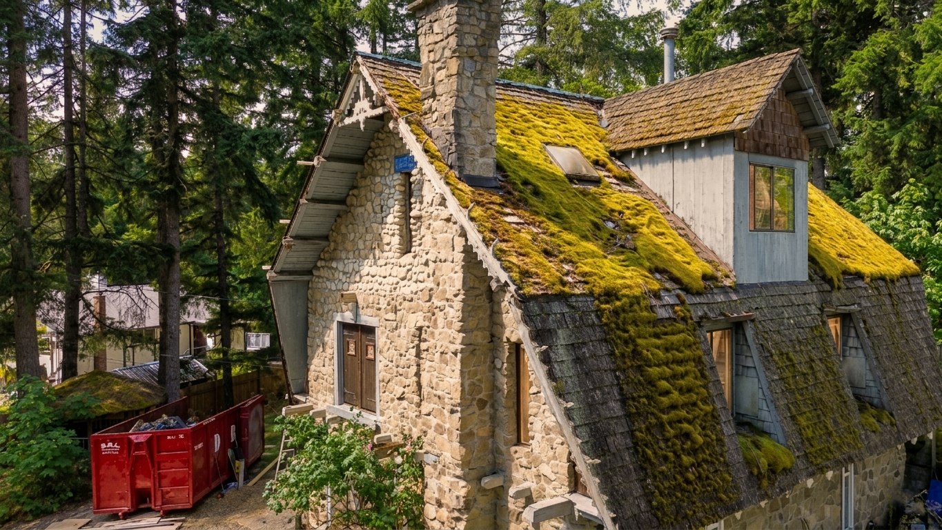 A rustic stone house with a moss-covered roof set among tall green trees.