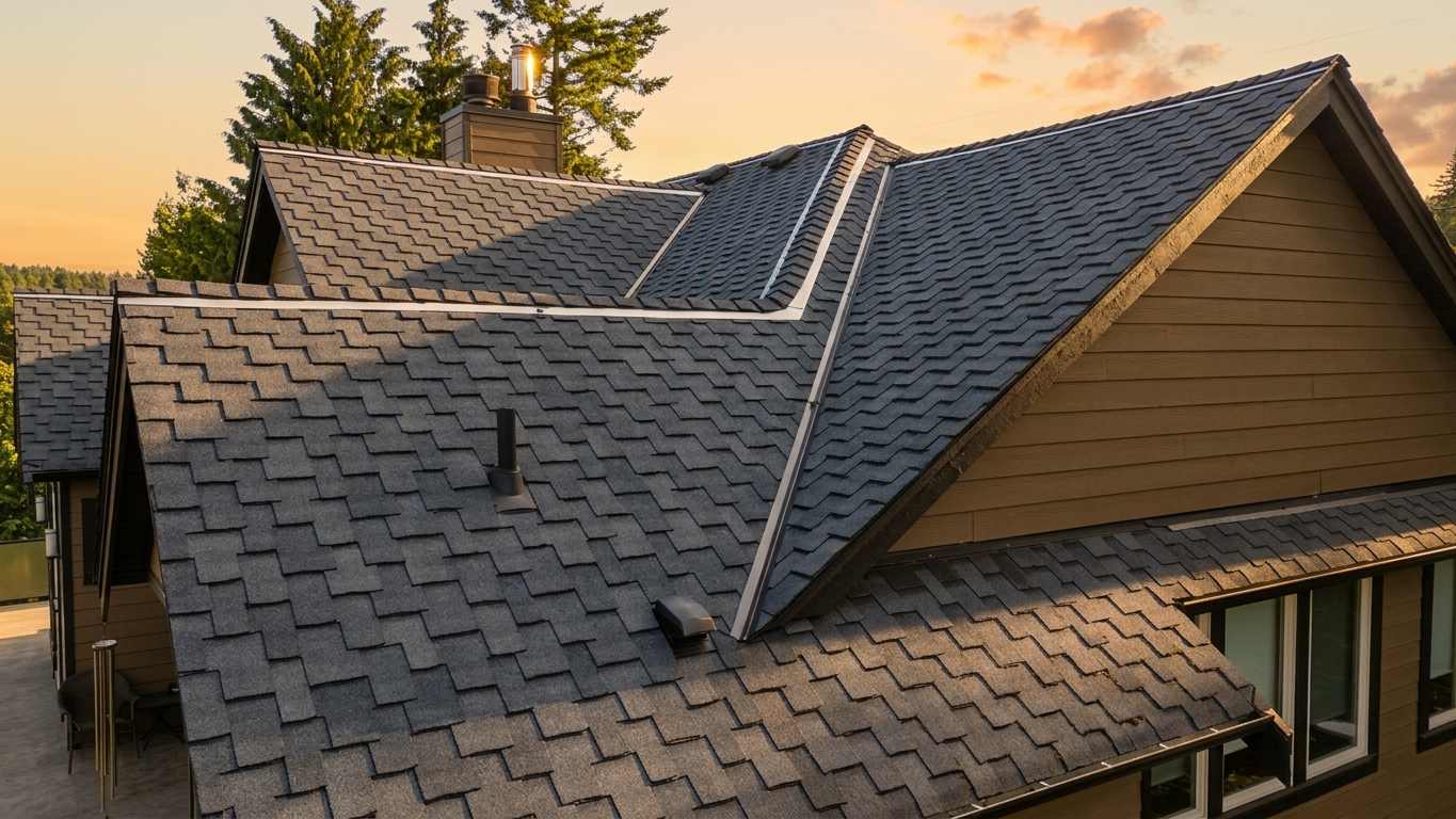 A house roof with dark gray shingles at sunset, showing multiple slopes and ridges, with a chimney and surrounding trees.