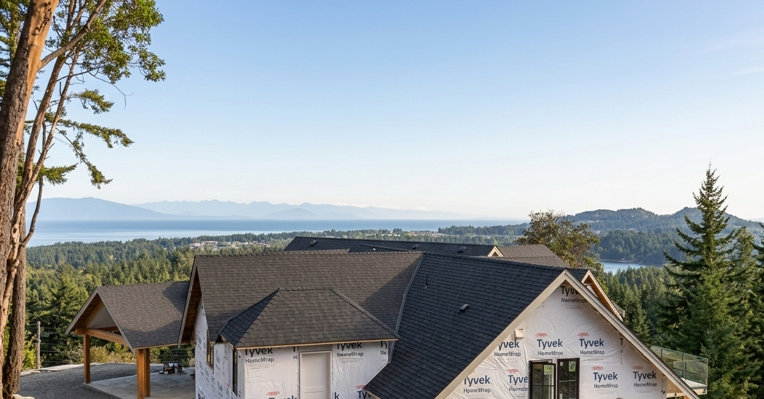 View of a house under construction with a scenic landscape of trees, water, and mountains in the background.