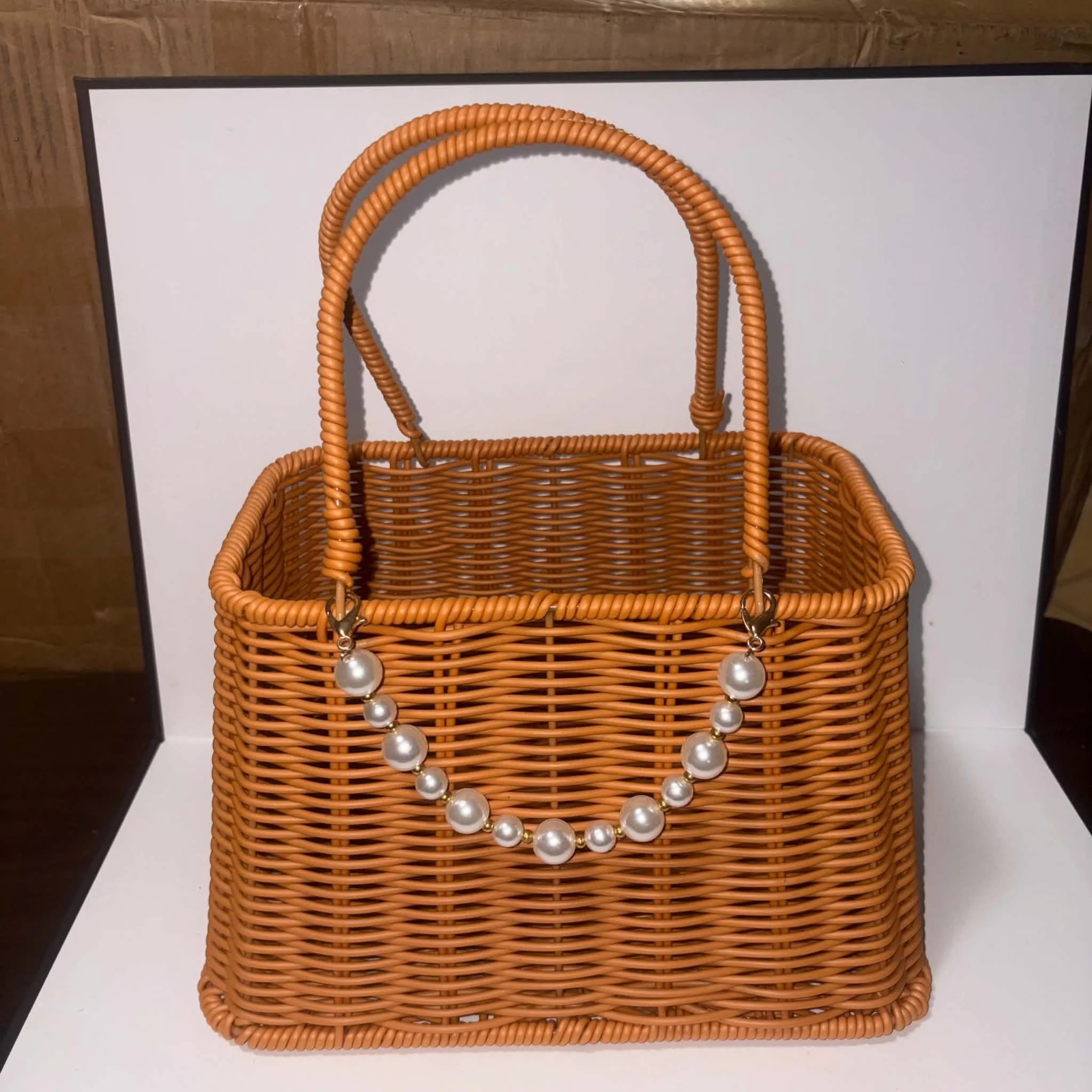 Pearl-Adorned Wicker Basket