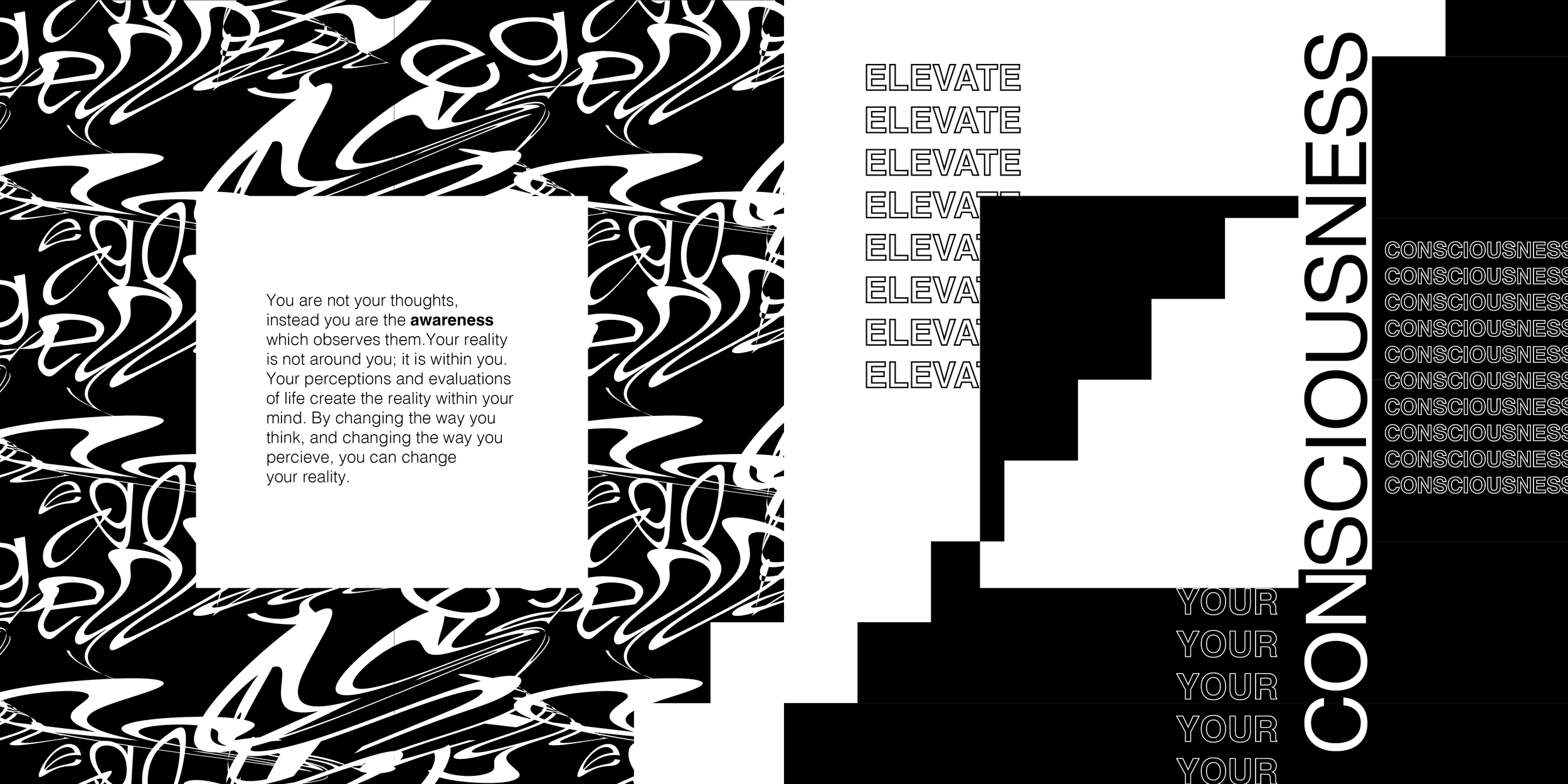 Abstract black and white pattern with motivational text, including 'awareness,' 'elevate,' and 'consciousness.'