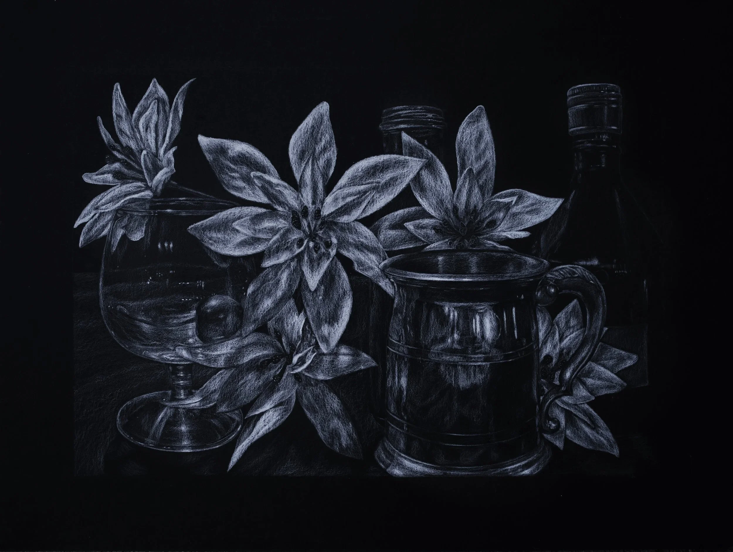 Black and white drawing of flowers and glassware, including a goblet, tankard, and bottles, with large star-shaped flower petals surrounding the objects.