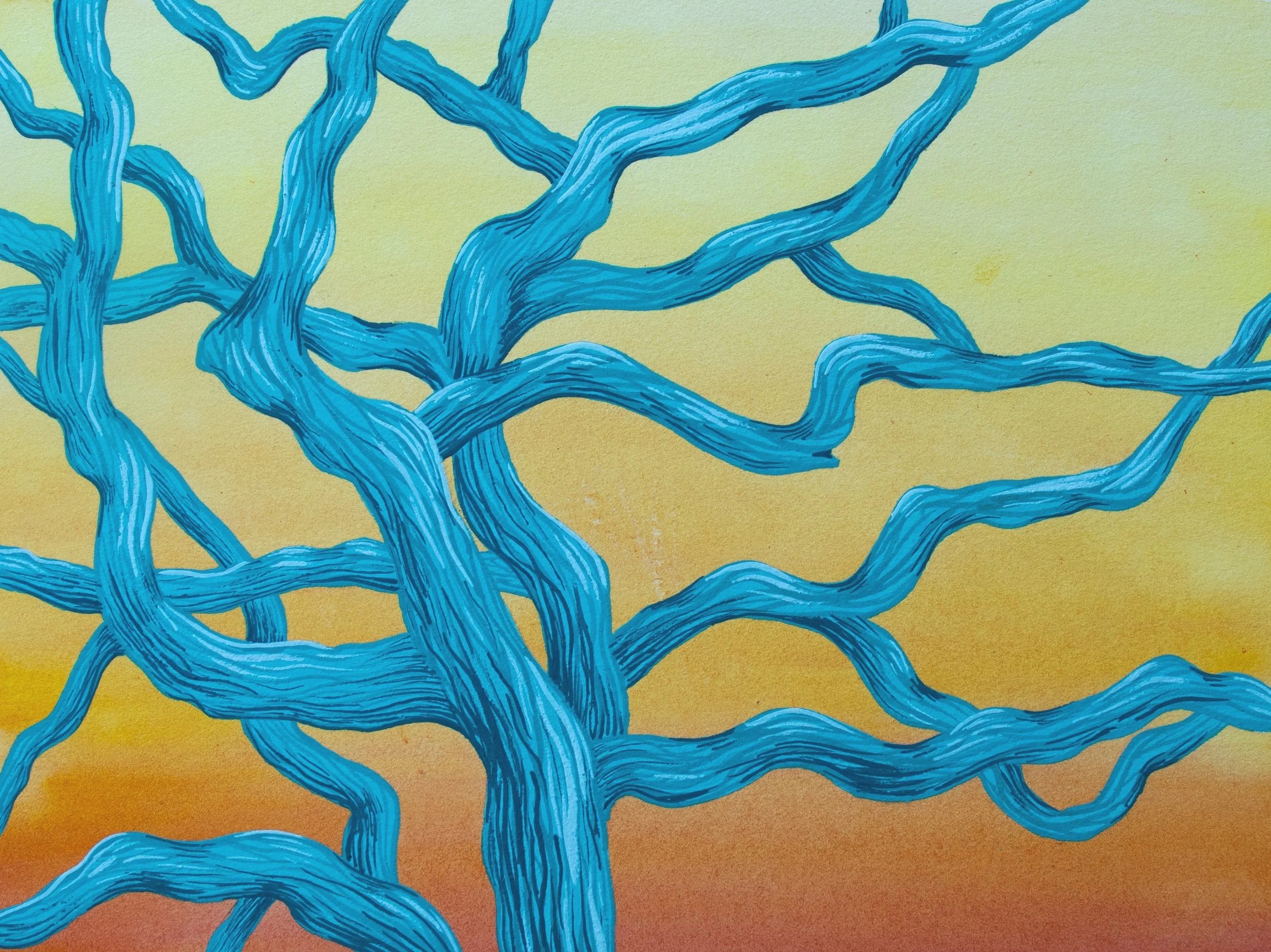 Abstract painting of intertwined blue tree branches on a gradient yellow to orange background.