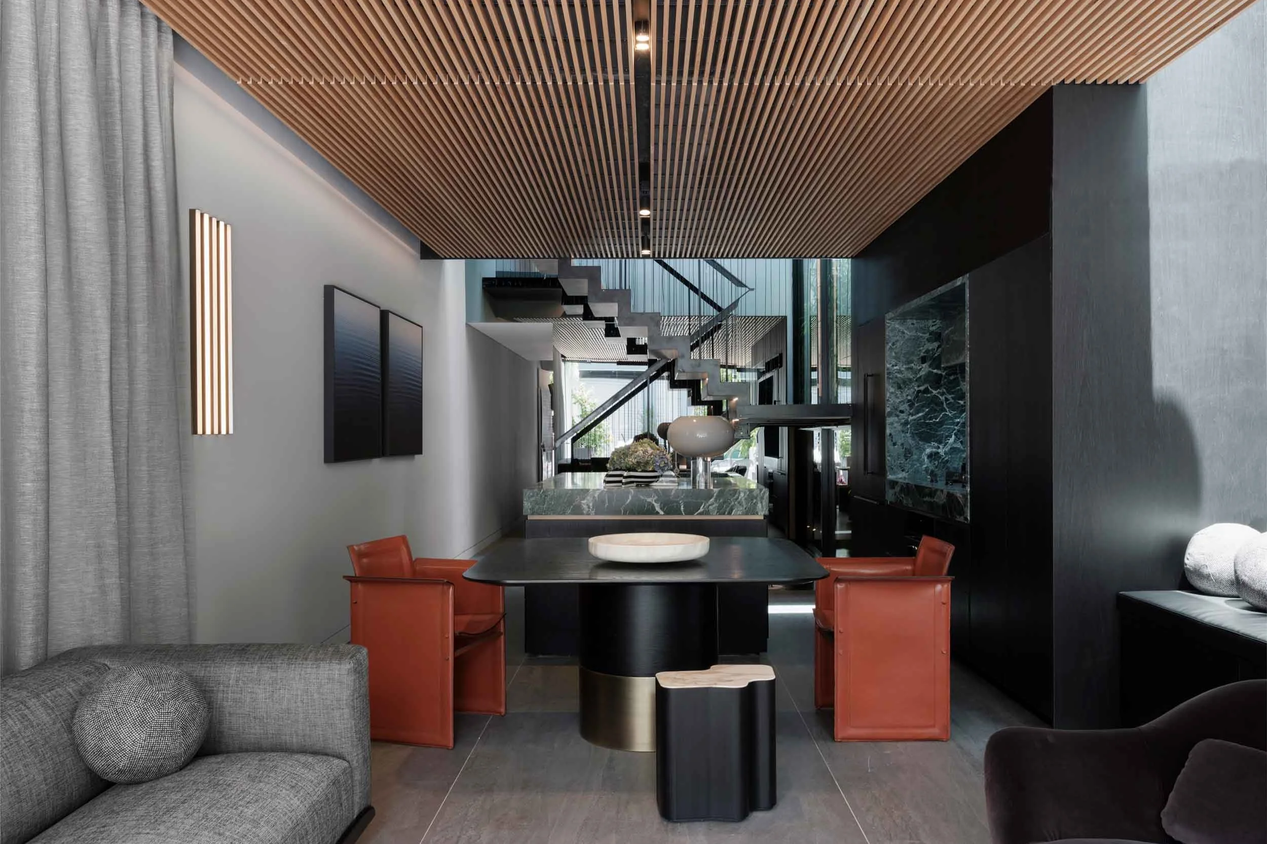 Custom dining and coffee table at the Glass House