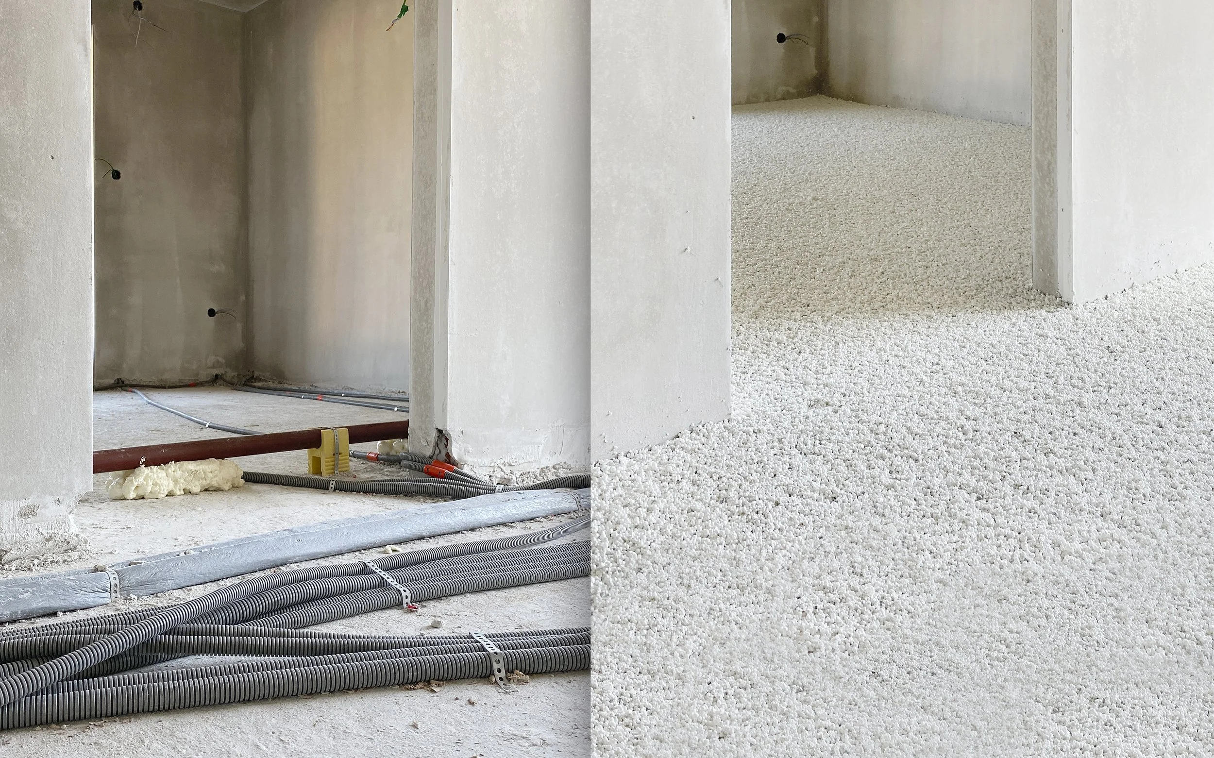 Voor en na tegelvloer renovatie: links de onafgewerkte vloeren met buizen en bedrading, rechts de schone, afgewerkte vloer met Thermowhite vloerisolatie.