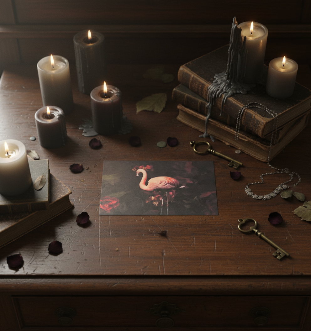 Flamingo postcard with pink flamingo and dark florals on a wooden table with candles and antique books.