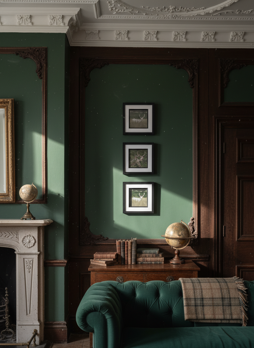 Three framed deer photography prints featuring white antlered deer on a dark green wall.