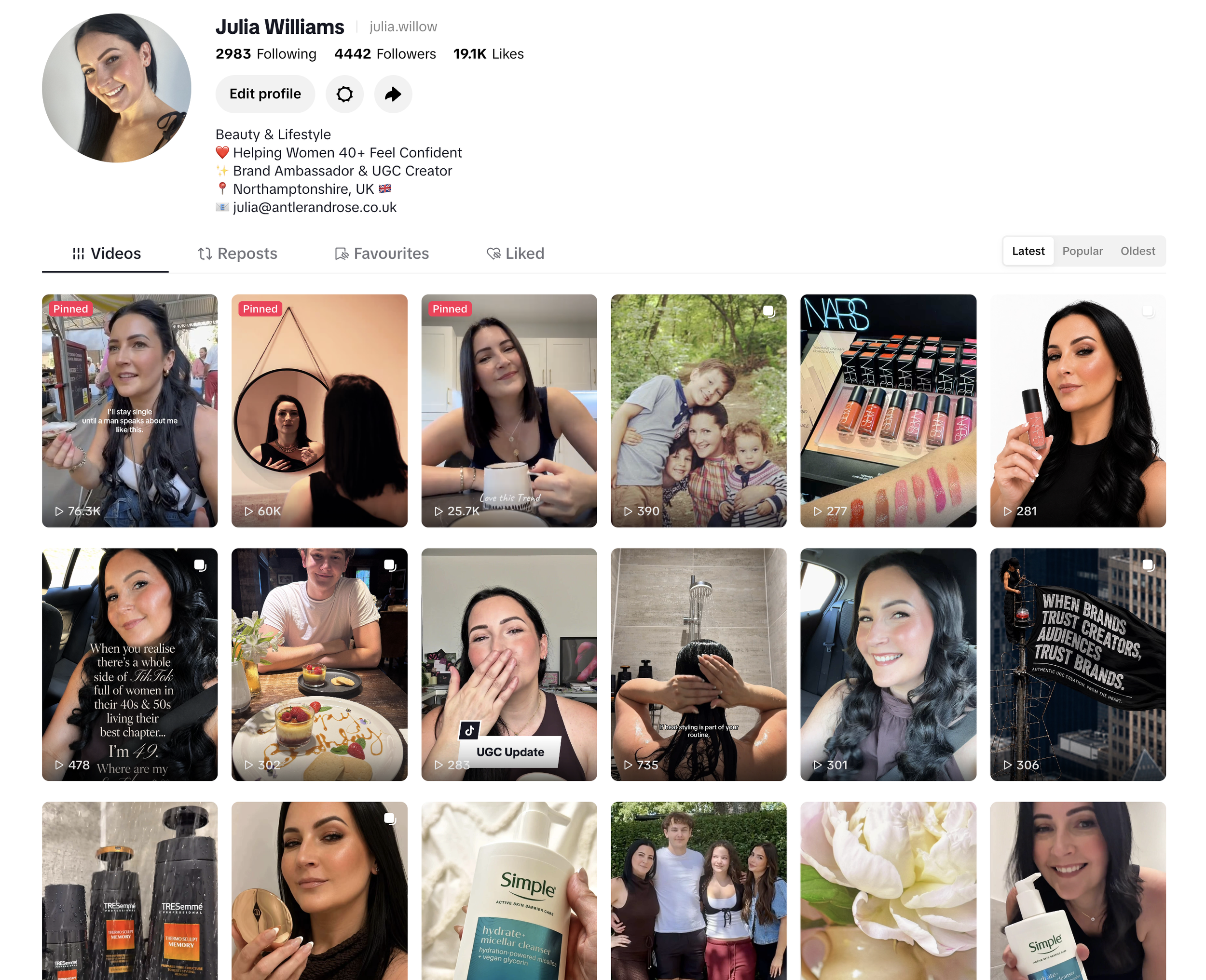Screenshot of Julia Williams' TikTok profile showcasting Beauty, Lifestyle, and UGC Video Content