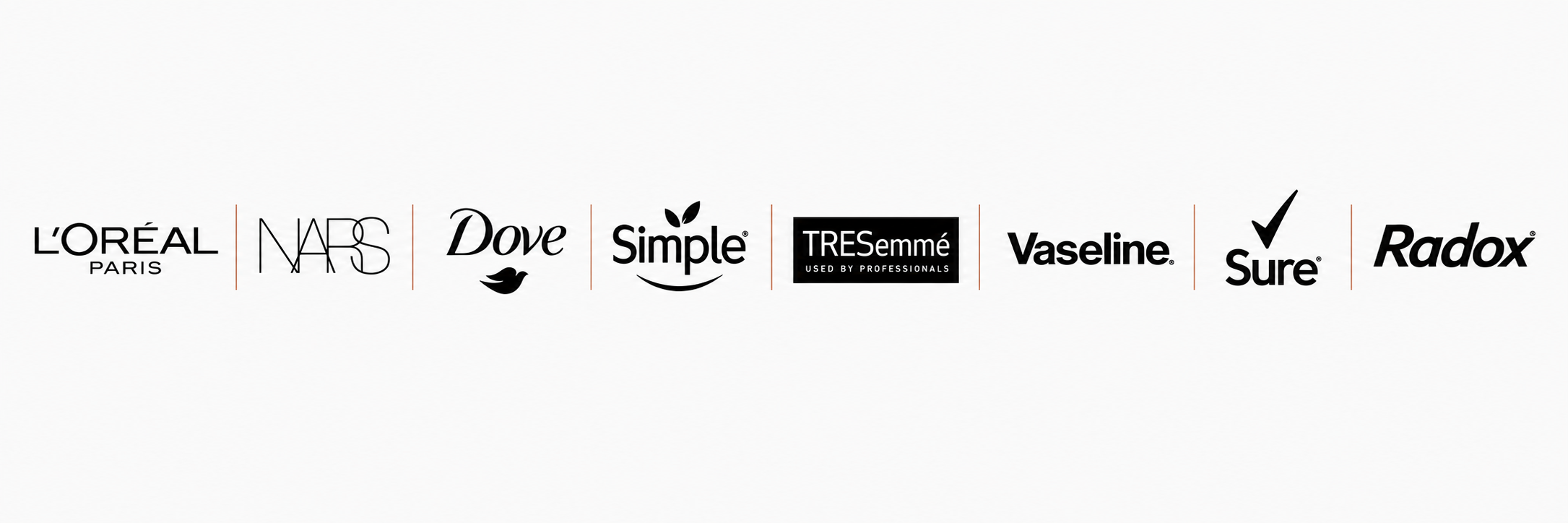 Brand ambassador partnerships logos L'Oréal Paris, NARS, Dove, Simple,TRESemmé, Vaseline, Sure and Radox with