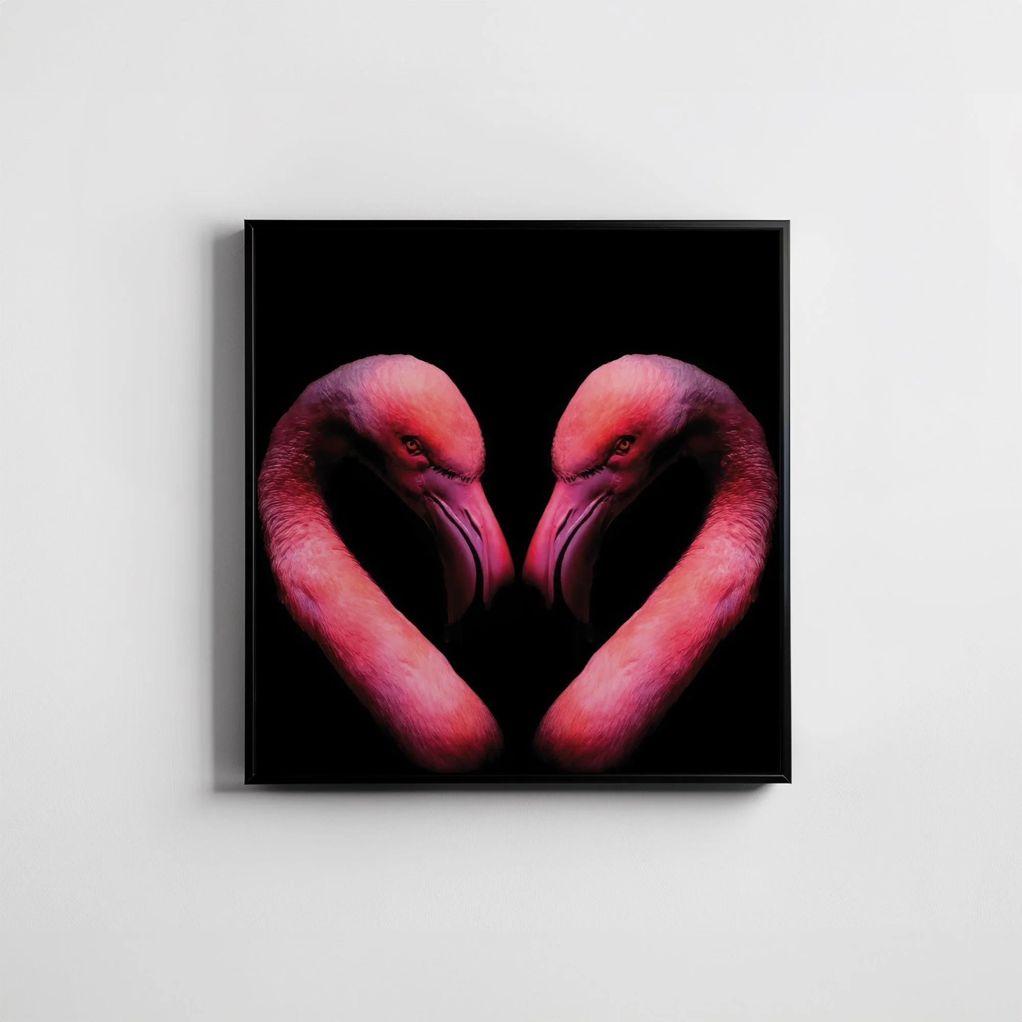 Greeting card featuring two pink flamingos forming a heart shape on a black background, displayed in a thin black frame on a wall.