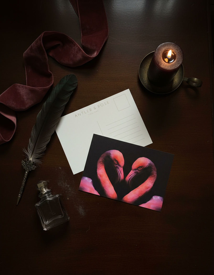 Flamingo postcard showing front and back with flamingos forming a heart shape on a styled wooden table.