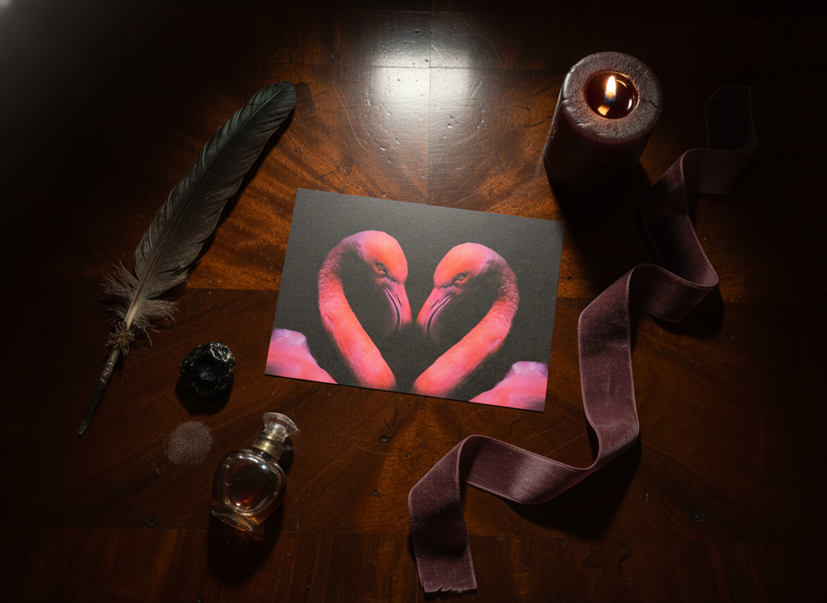 Flamingo postcard with two pink flamingos forming a heart shape on a wooden table with candle, feather quill, ribbon, and perfume bottle.